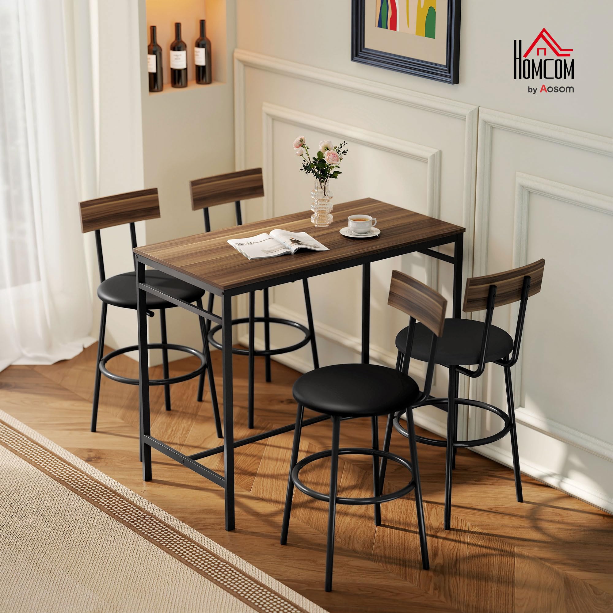 HOMCOM Bartisch mit Barhocker-Set Esstisch mit 4 Stühlen mit Fußstütze, Rückenlehne und Polsterung, Platzsparend Bartisch Set aus Stahl Industrial Küchentisch für Esszimmer, Küche, Braun