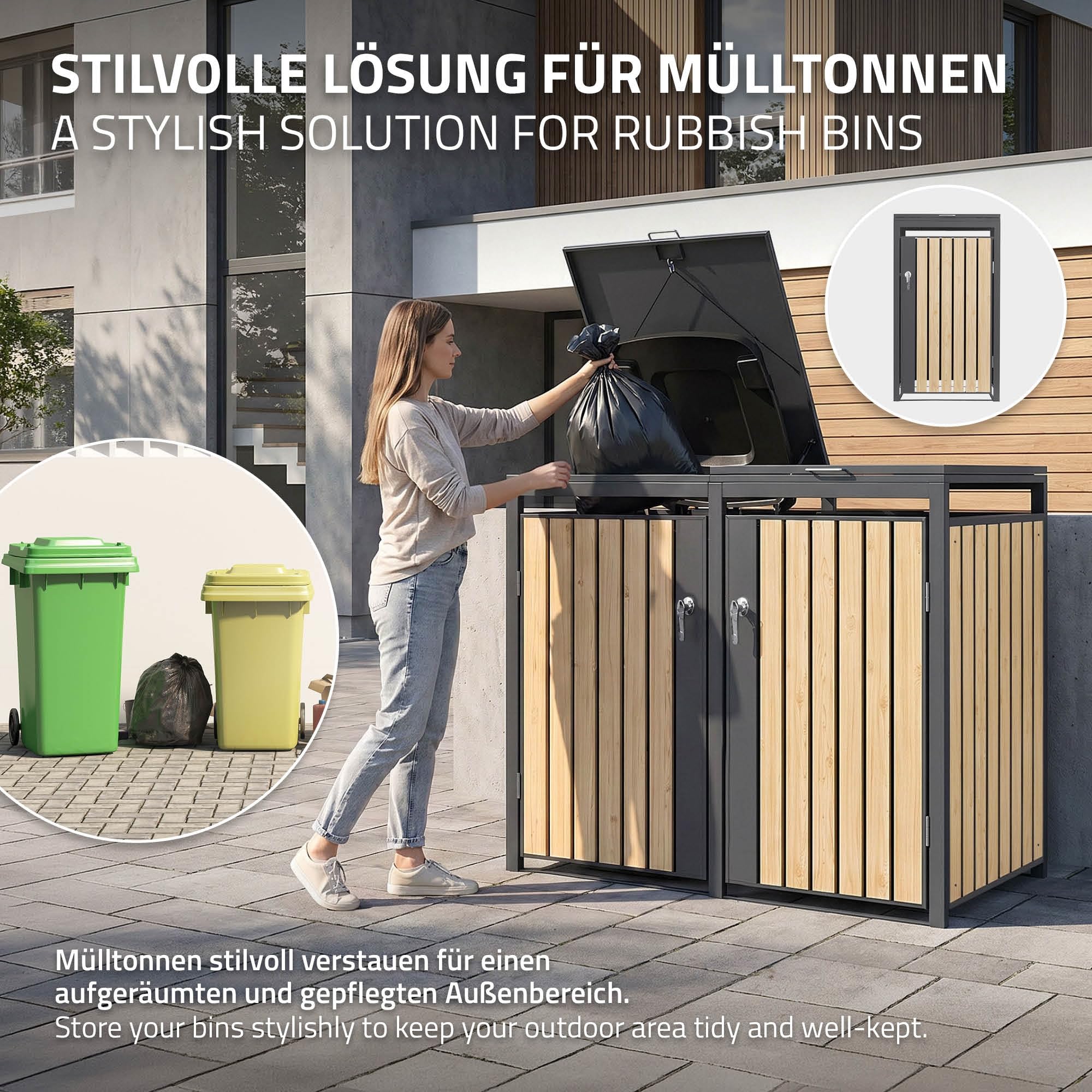ML-Design Mülltonnenbox 3er 240L, Mülltonnenverkleidung für 3 Mülltonnen, Müllbox wetterfest, Mülltonnenhaus aus Stahl, Müllcontainer mit Deckel, abschließbare Tür, 200x80x120 cm, Anthrazit-Holzoptik