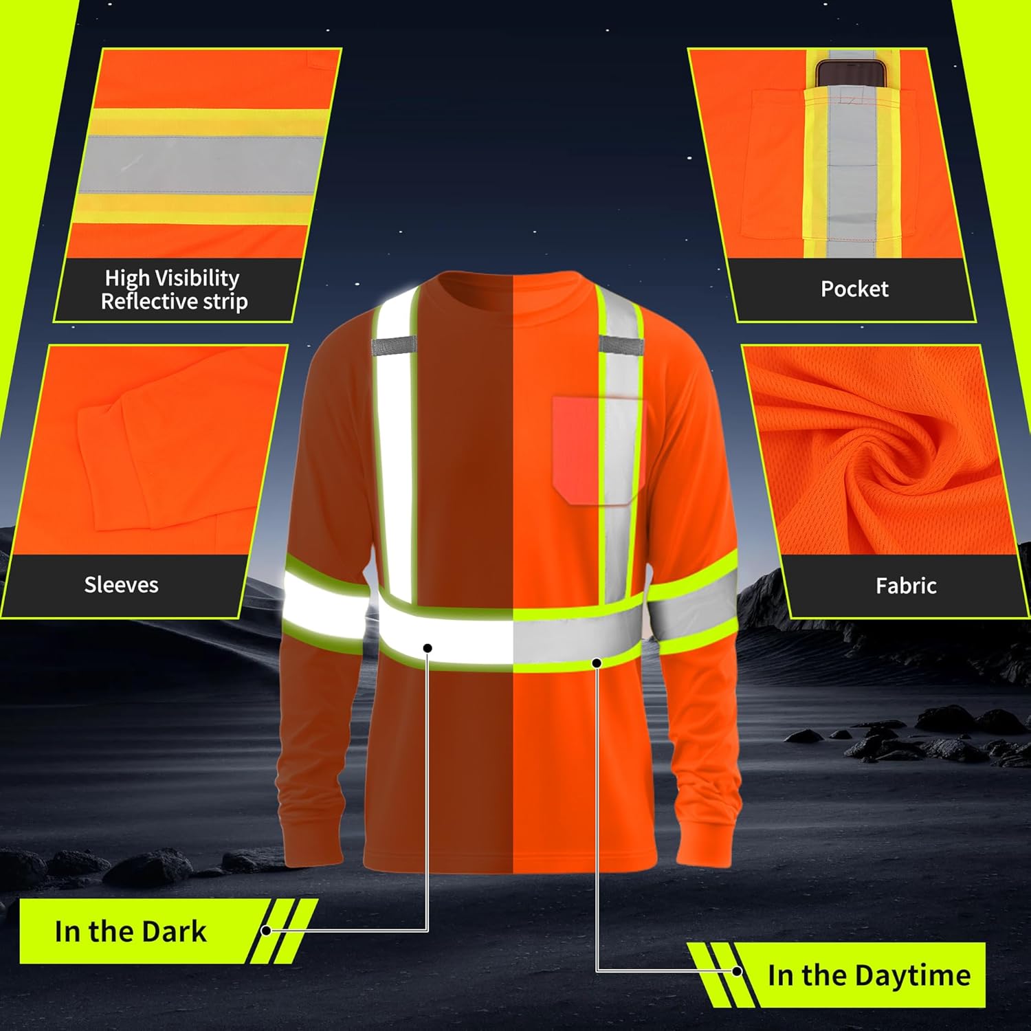 Hi Vis Heavy Duty Men's Long Sleeve Reflective Safety T Shirts Bulk for Work Warehouse Construction Class 3 - Image 4