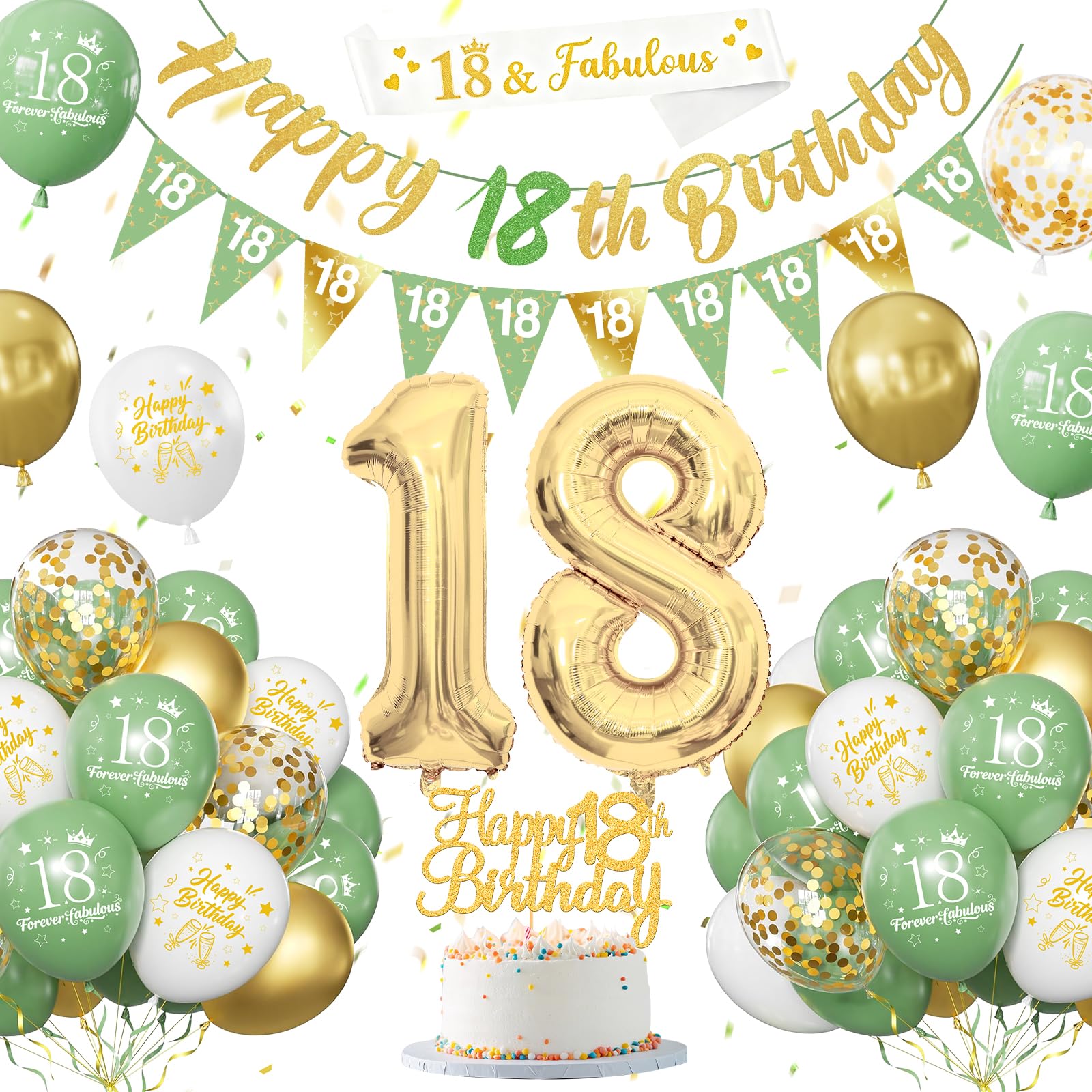 70th Birthday Decorations for Girls Boys, Sage Green Gold Birthday Decoration with Banners Balloons Cake Topper Sash Triangle Flag for 70th Party Decor