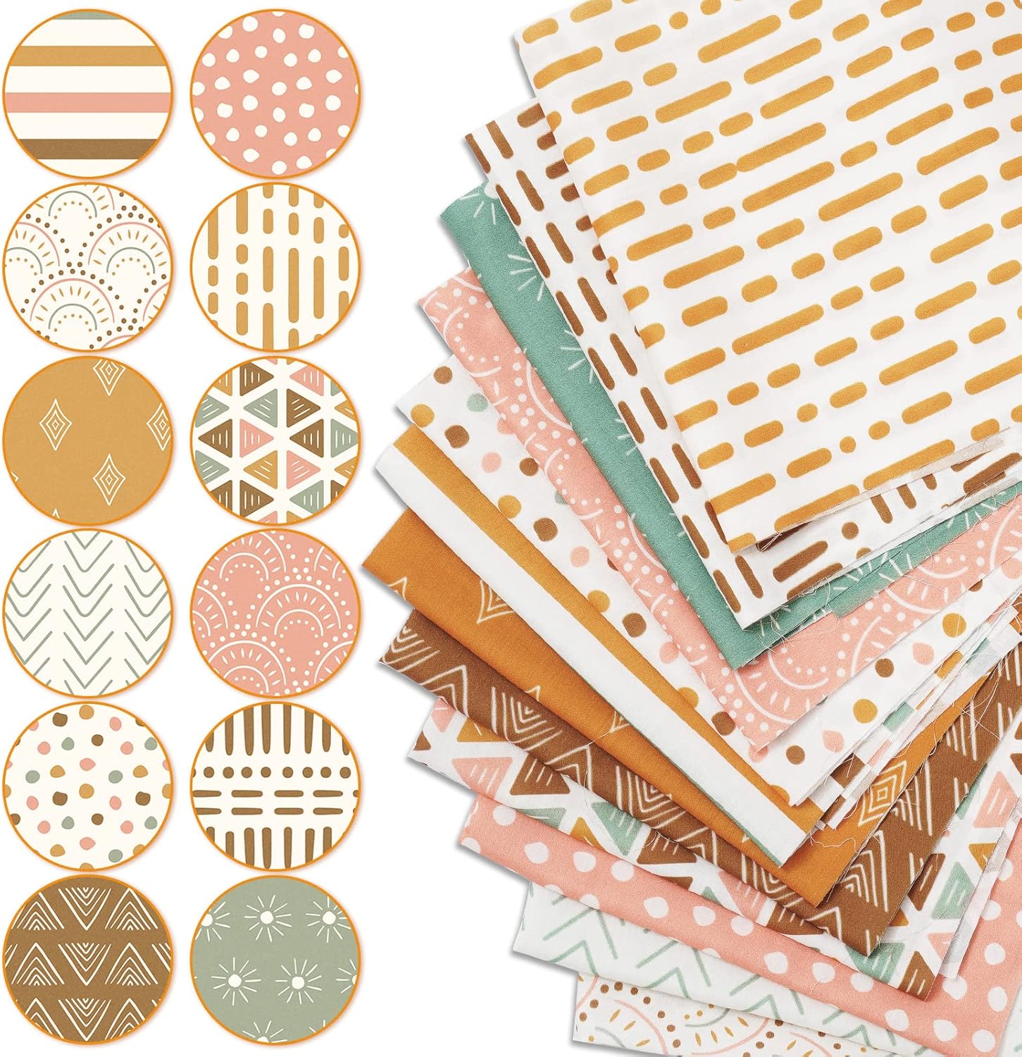 Whaline 12Pcs Boho Cotton Fabric Bundles 18 x 22 Inch Sun Printed Fat Quarters Colorful Boho Quilting Patchwork Squares Sewing Fabrics for DIY Handmade Crafting Home Party Decor
