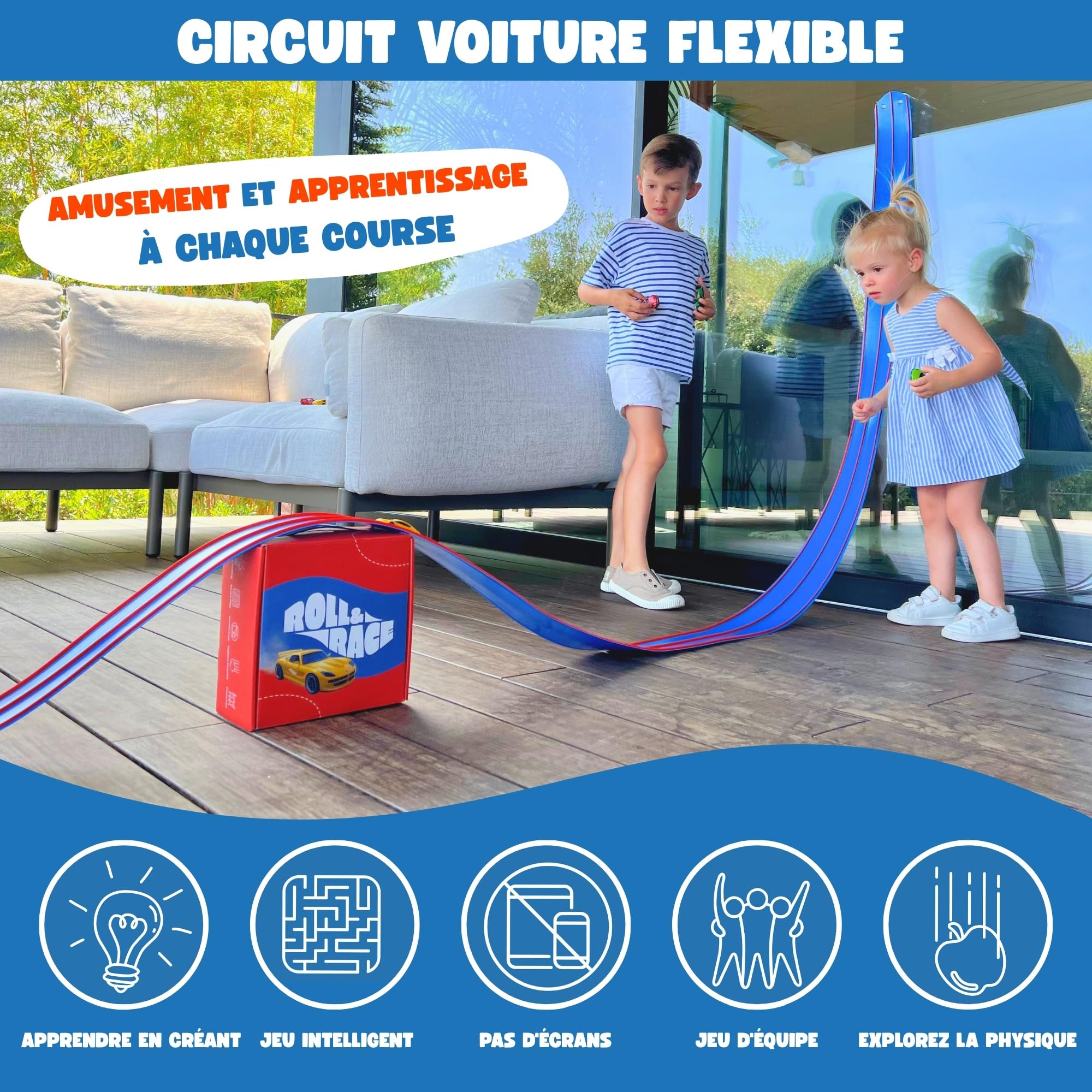RollAndRace Circuit Voiture Flexible 400 cm - Made in Europe - Flexible Car Track - Piste de Voitures Enroulable - Circuit Cars - Cadeau Garcon - Jeu Enfant - Race Car Wheels