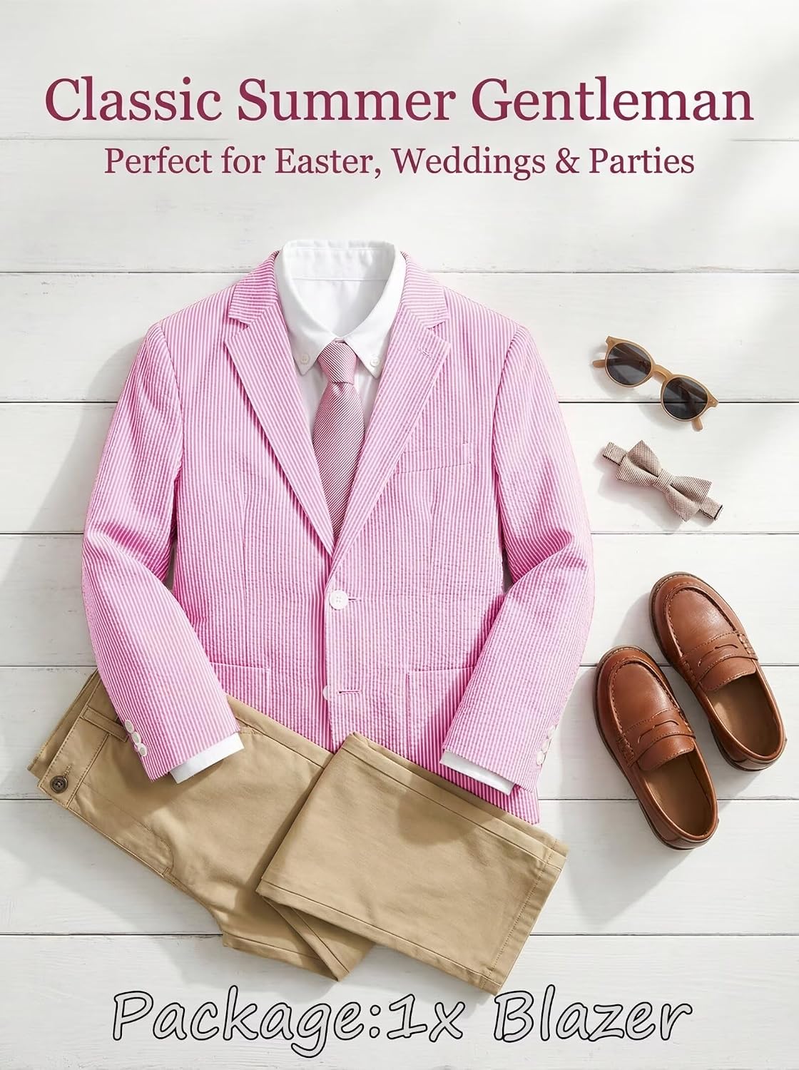 ROZU Boys Seersucker Blazer Lightweight Breathable Jacket Casual Stylish Summer Sport Coat for Wedding Travel