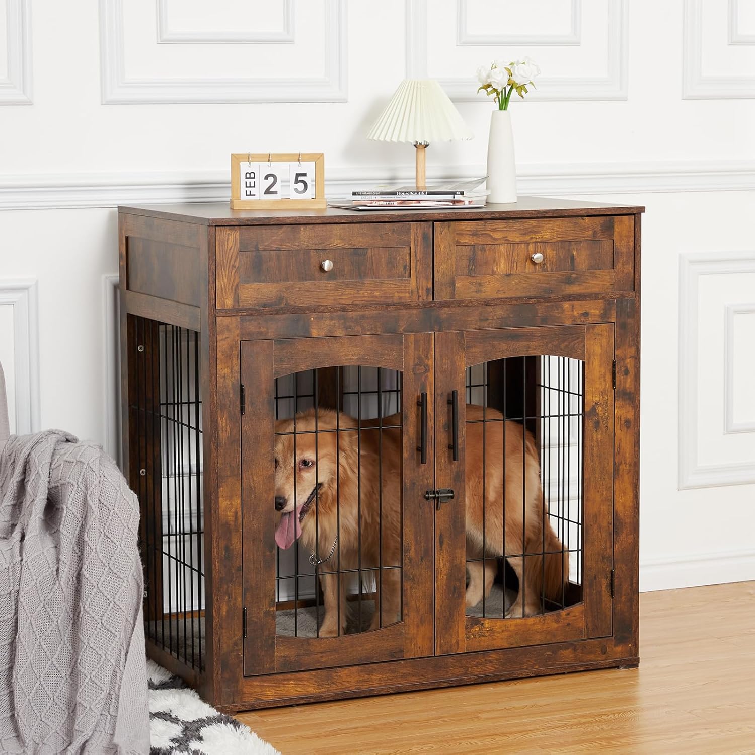 Dog Crate Furniture with Cushion,Wooden Dog Kennels Indoor with 2 Drawers,Dog Furniture Crate End Table with Storage