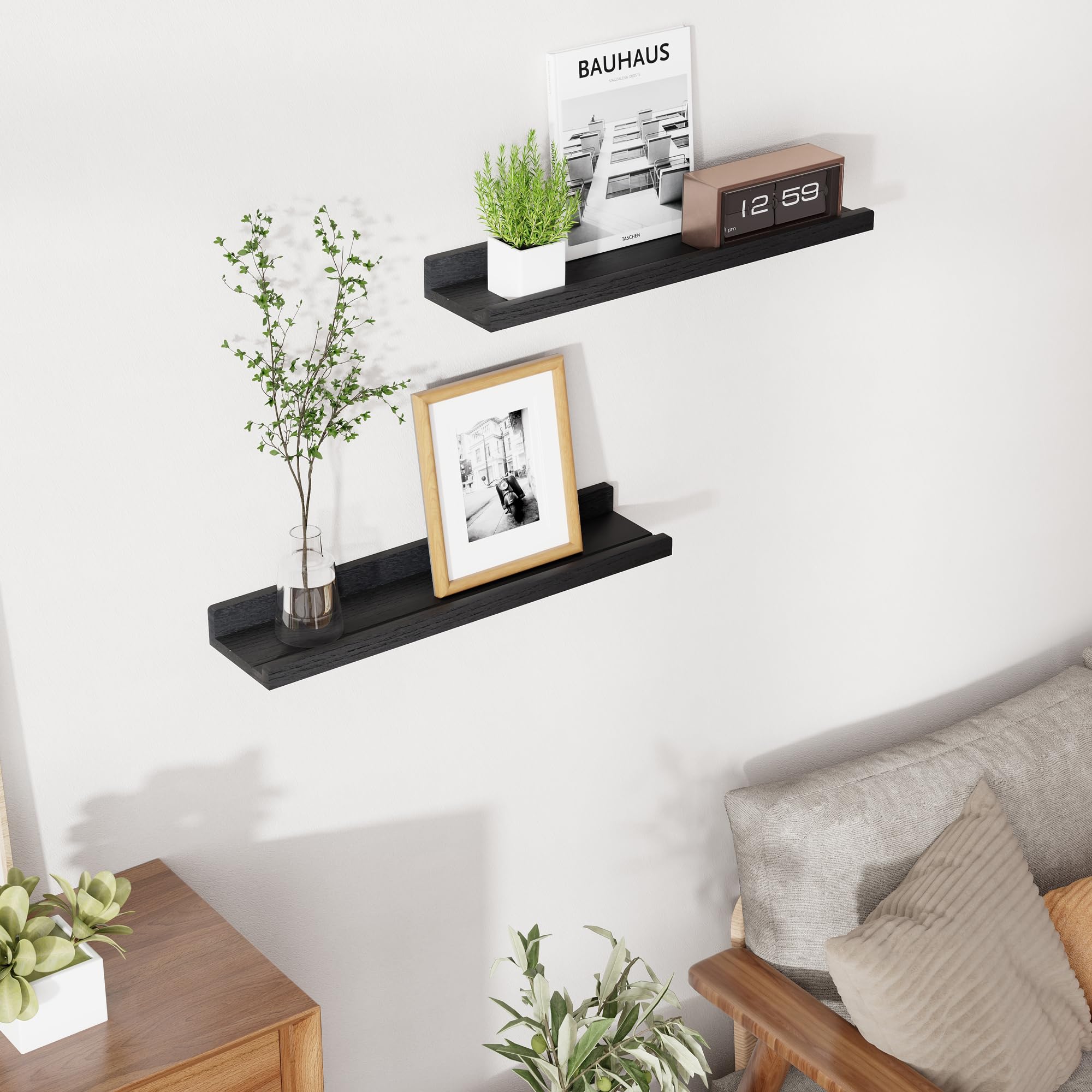 RICHFOCUS Juego de 2 estantes flotantes de madera natural de 24 pulgadas con borde para almacenamiento en pared, estantes flotantes para libros de guardería, sala de estar, baño, dormitorio, cocina,