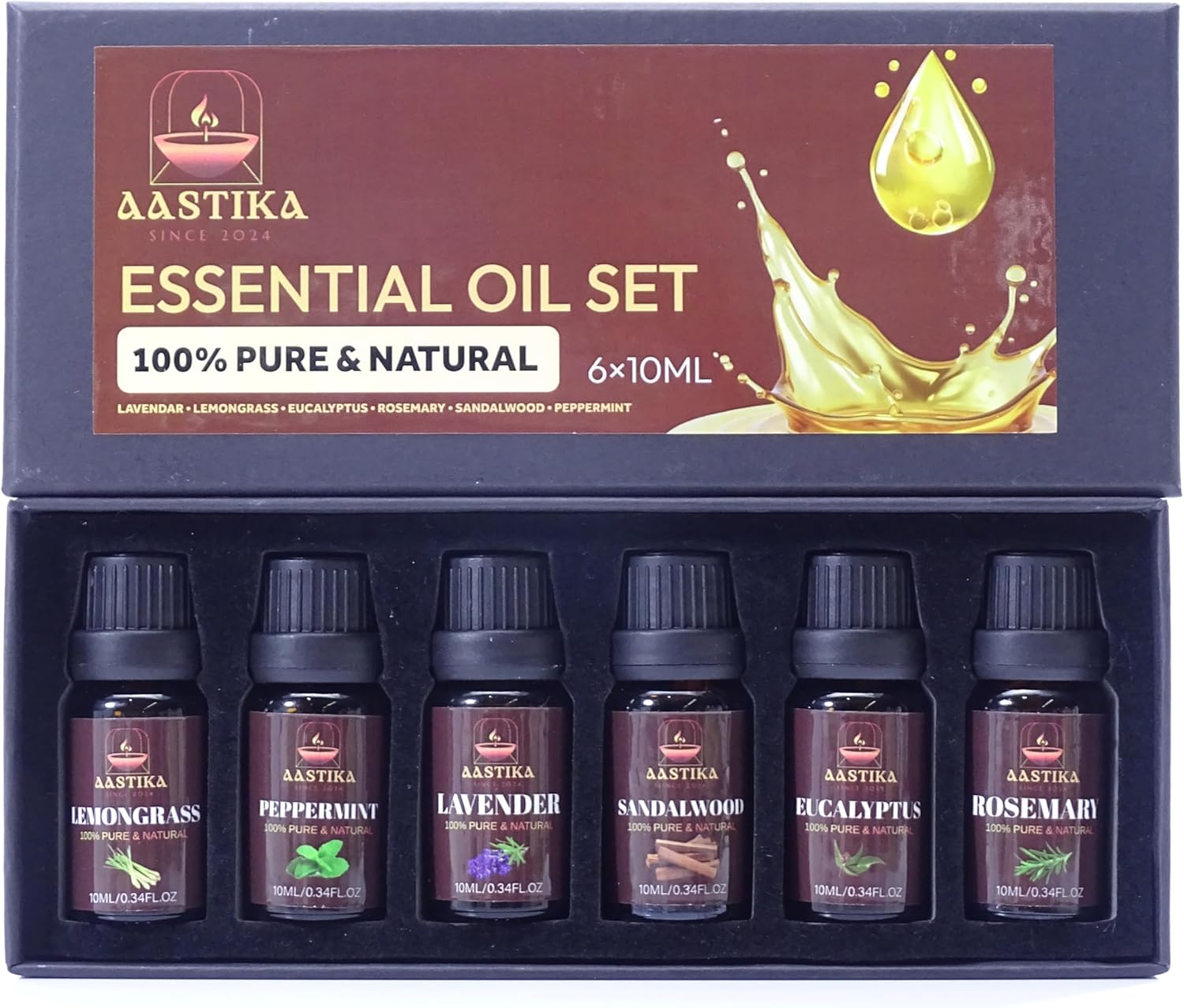 Aastika Aromatherapy Essential Oil Set – 100% Pure & Natural, 6X10ml(Lavender, Lemongrass, Eucalyptus, Rosemary, Sandalwood, Peppermint) Bottle
