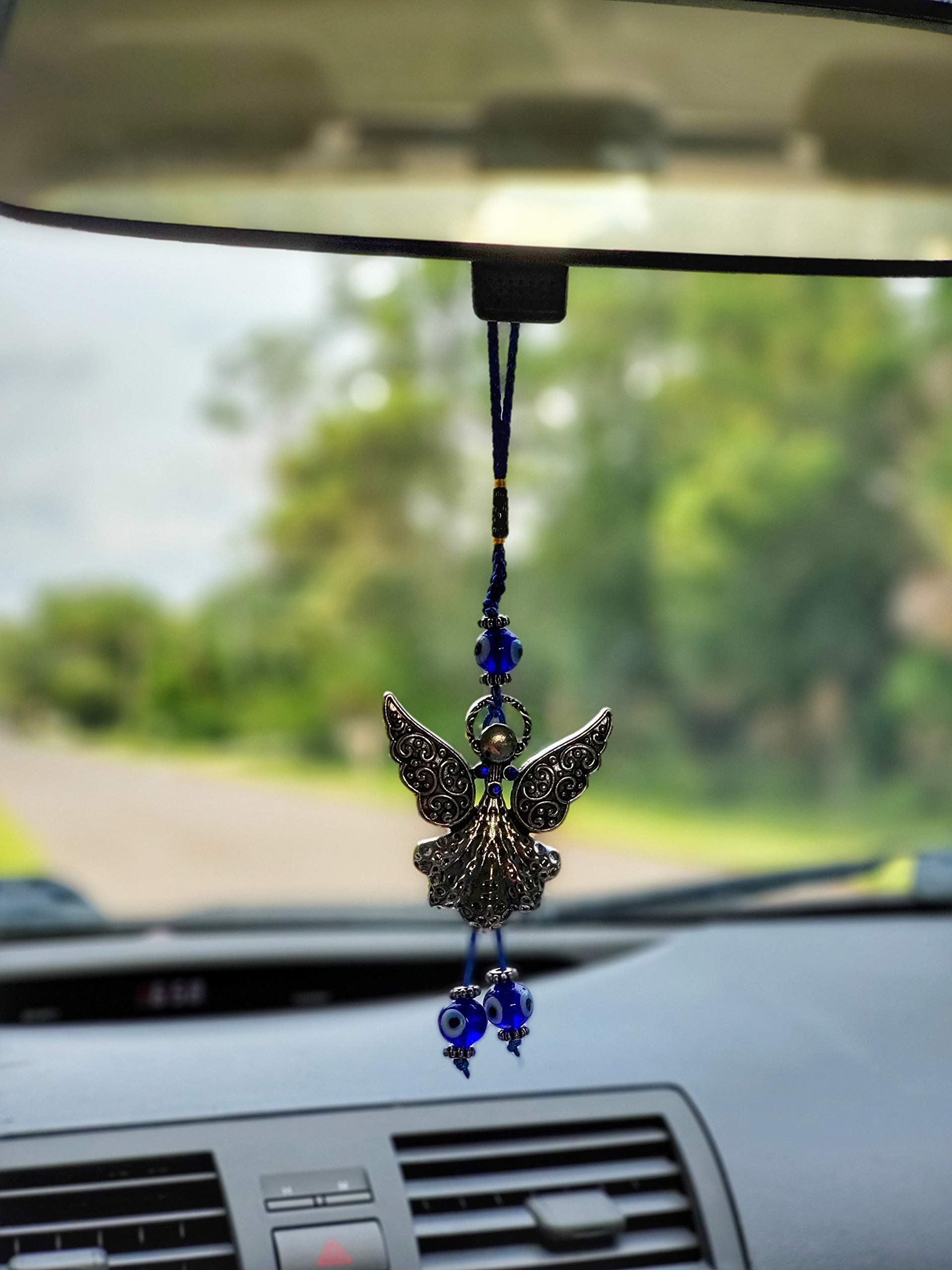 Angel With Blue Crystal & Evil Eye Hanging Ornament - Good Luck Charm For Car & Home