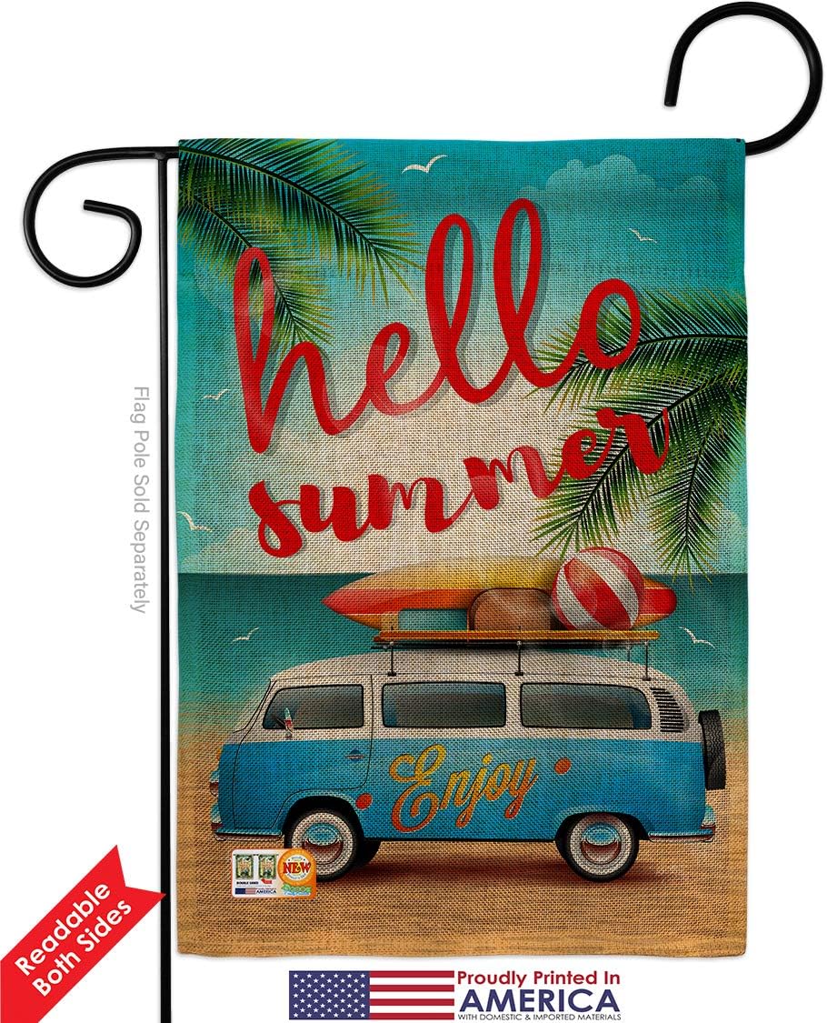 Hello Summer Enjoy Bus Burlap Garden Flag Summertime Fun and Sun Beach Pool Luau Tropical Party Season Outdoor Sunny Small Decorative Gift Yard House Banner Double-Sided Made In USA 13 X 18.5
