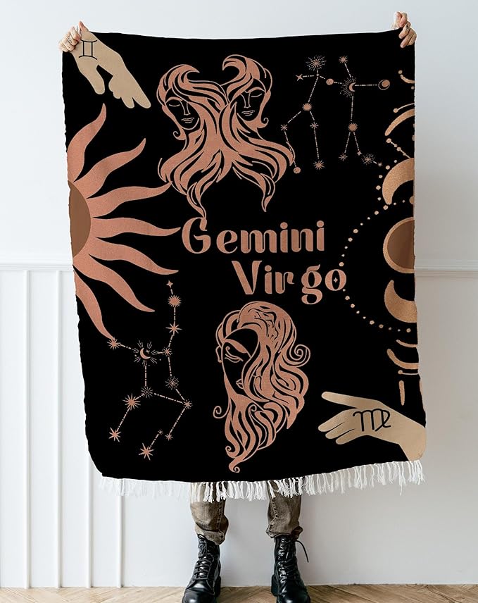 Throw Blanket, 100% Cotton Woven, Zodiac Compatibility Sign, Astrology Decor Woven Tapestry, Virgo & Gemini Horoscope Match 2-Inch Fringe Detail, Vintage Aesthetic Multiple Sizes 52 x 37
