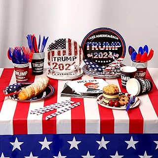 161CT President Trump 2024 Party Supplies Paper Plates Cups Straw Napkins Spoon Fork knives Tablecloth,Take America Back Disposable Party Plates for President Trump Party Decorations Serves 20 Guests