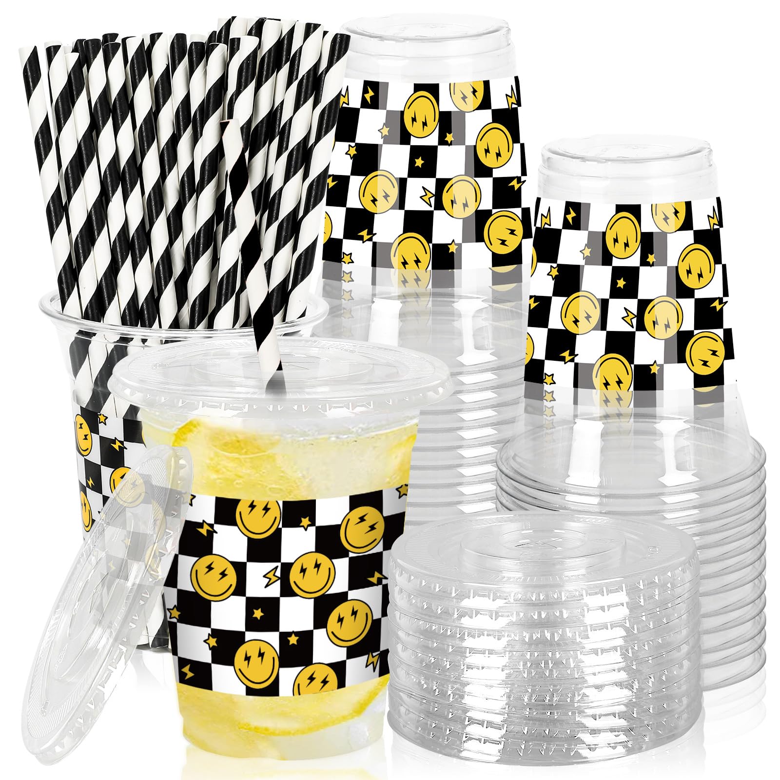 JarThenaAMCS 50Pcs Happy Face Plastic Cups with Lids and Straws Smile Face Checkered Clear Plastic Cups 12oz Disposable Cups for Birthday Baby Shower