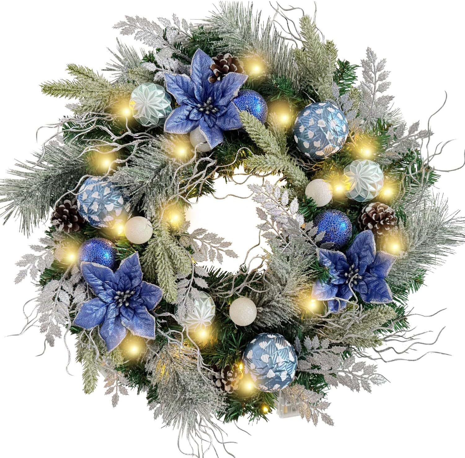 wanna-cul pre-lit 24 inch christmas wreath for front door silver blue lighted christmas door wreath decoration with ball ornaments, poinsettia flowers,pine cones, battery operated 30 led lights 01-sliver blue