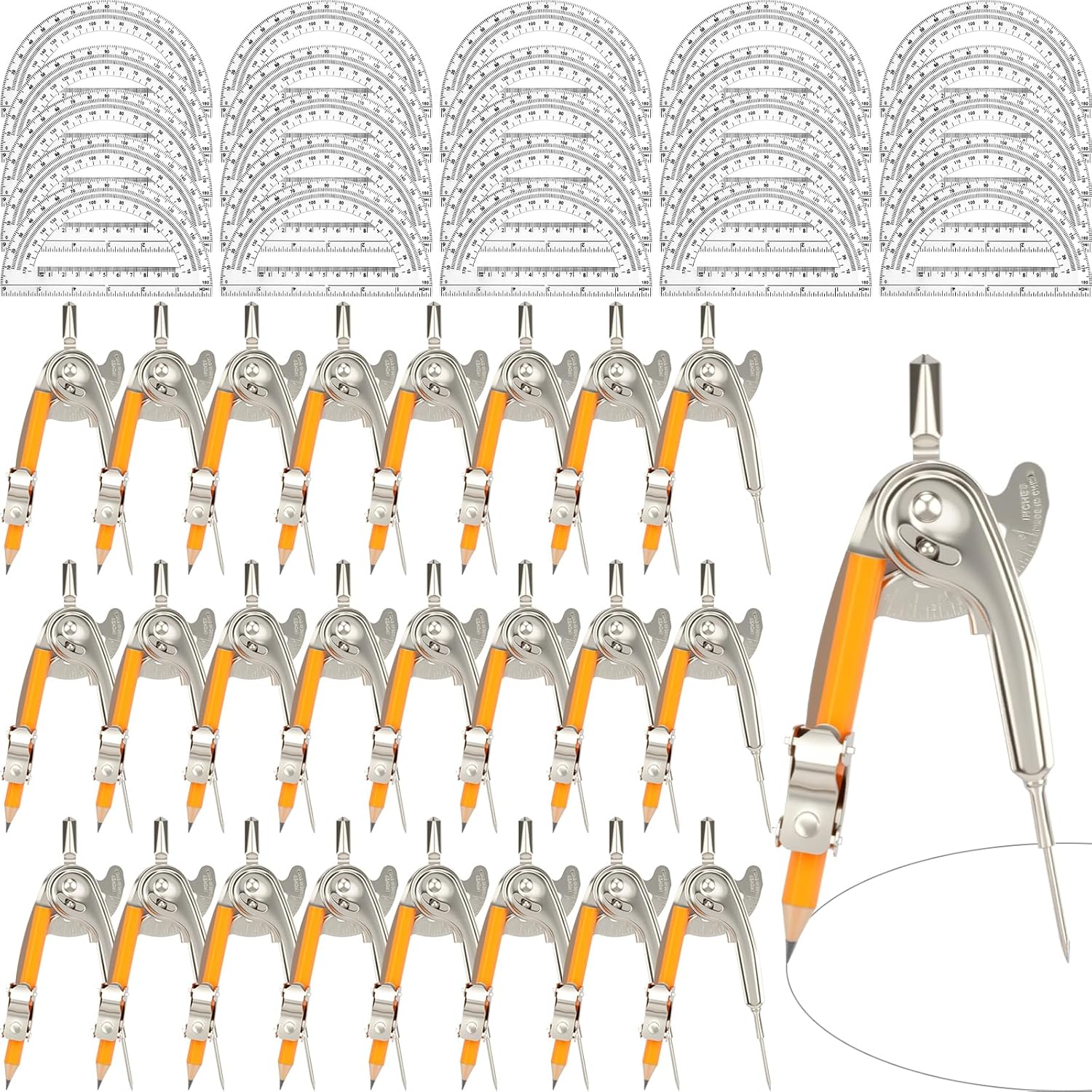 50 Pack Geometry Tool Set, Math Compass for Geometry and 6 Inch Protractor Set Include Metal Compass with Pencil and Clear Plastic Protractor for Student Classroom Office Woodworking Art Drawing