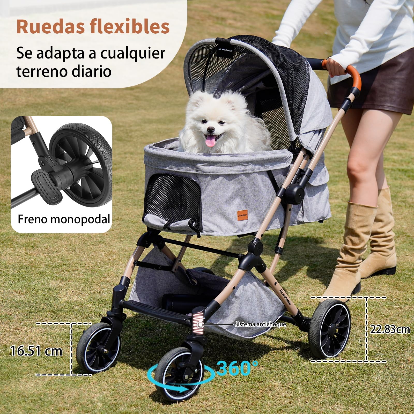 EchoSmile Carrito para Perros y Gatos Plegable con un Botón, Carro Perro 20 kg, Coche para Perros con Mango Reversible, Absorción de Impactos y Almohadilla Lavable Extraíble (Gris)