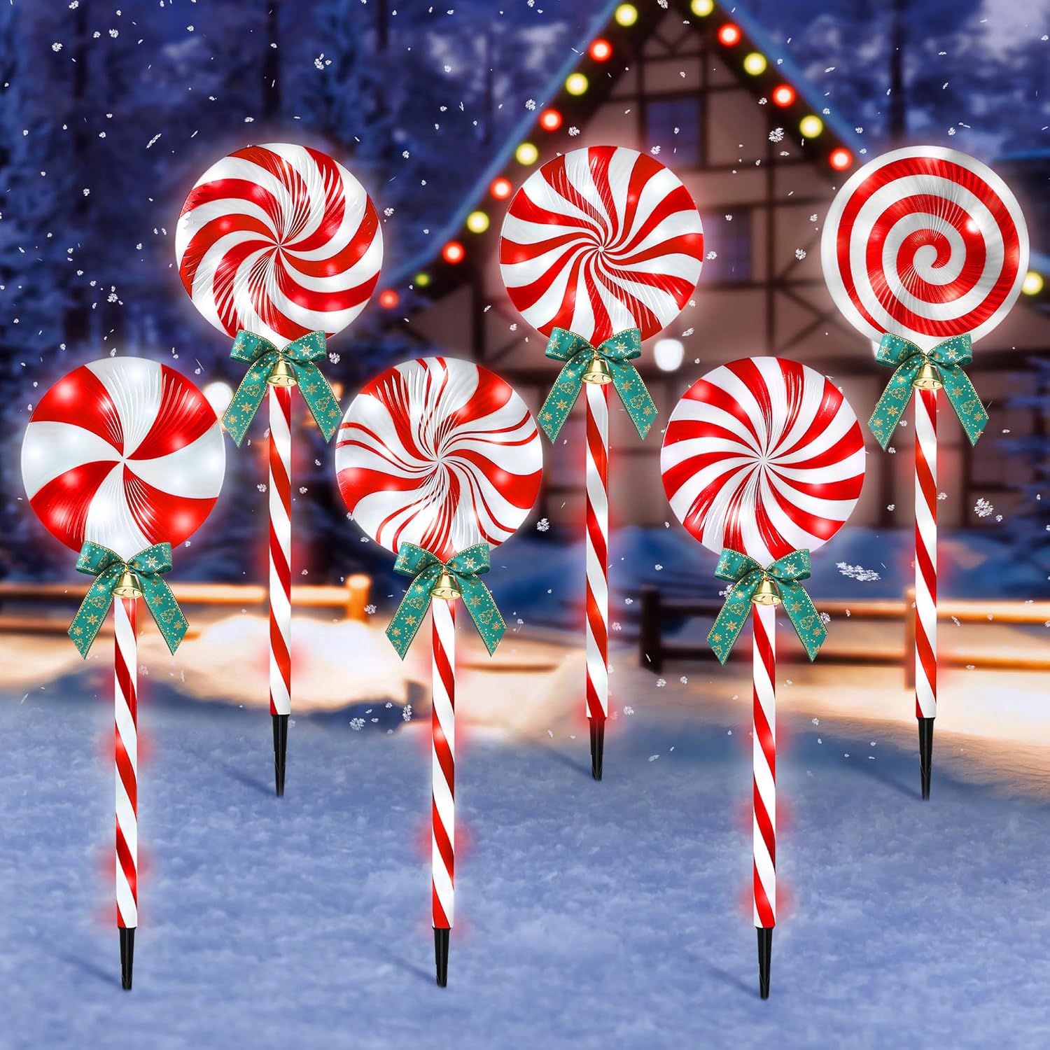6 Pack Christmas Lollipop Pathway Lights Outdoor with Bows, 22.8" 120 LED Peppermint Candy Cane Lights 8 Modes Timer Waterproof for Xmas Garden Yard Outsides Decoration(Red White) red, white