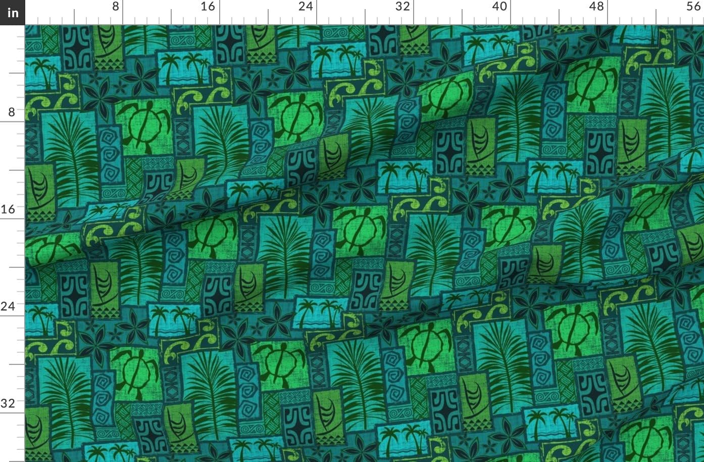 Spoonflower Fabric - Hawaiian, Moku Malihini, Blue, Green, Turtle, Tiki, Tropical, Printed on Organic Cotton Sateen Fabric by The Yard - Sewing Quilting Apparel Home Decor