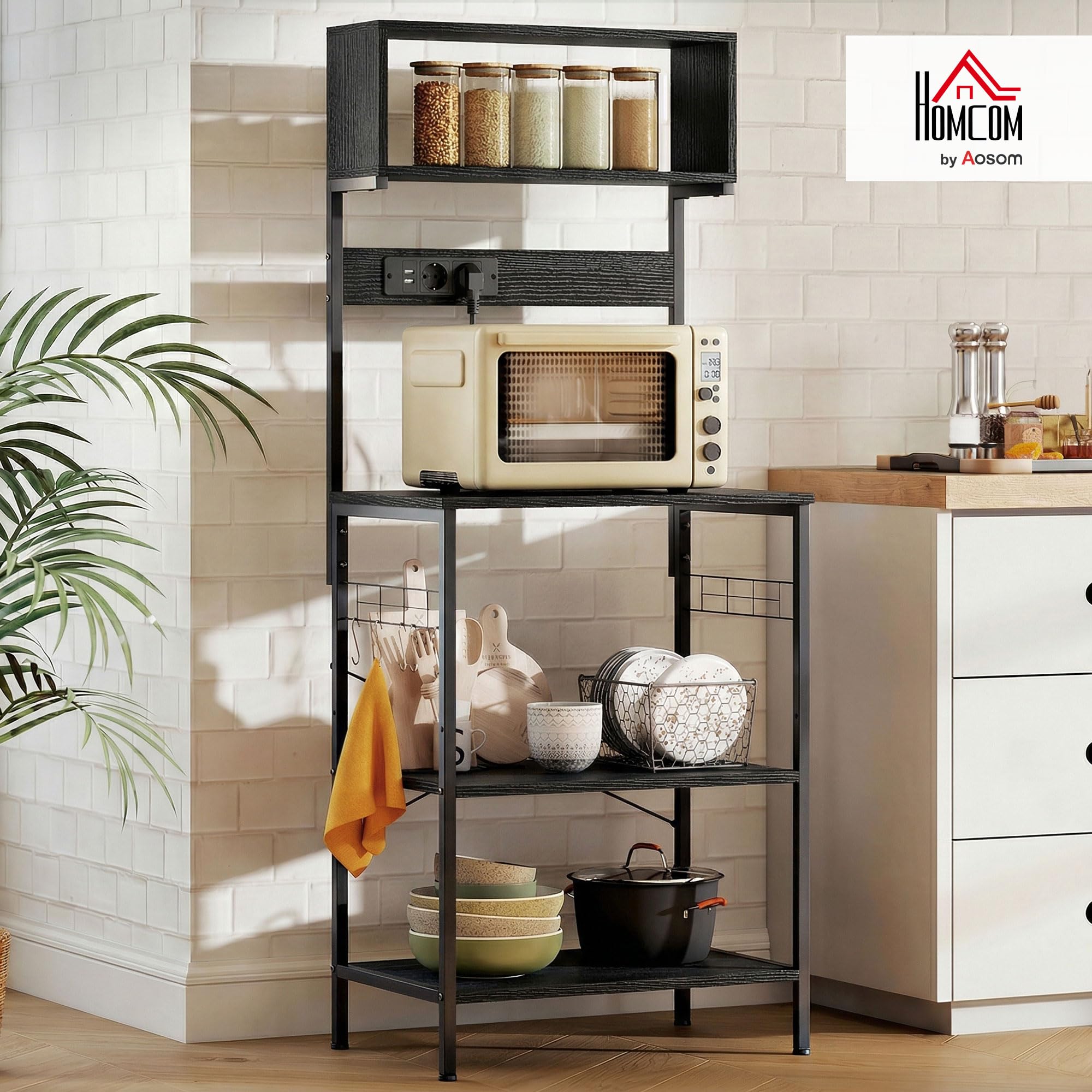 HOMCOM Scaffale da Cucina con Multipresa, Scaffale per Microonde con Ripiani e Ganci Stile Industriale, Mobile Cucina Vintage con Struttura in Acciaio, 60x42x153cm, Nero