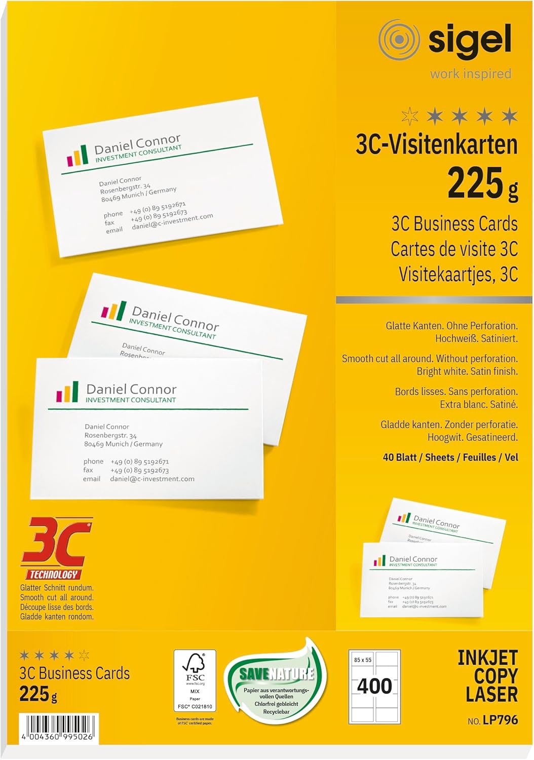 Sigel LP796 Business Cards, 3C, smooth cut all around, 152.0 lbs, bright white, 400 pcs.