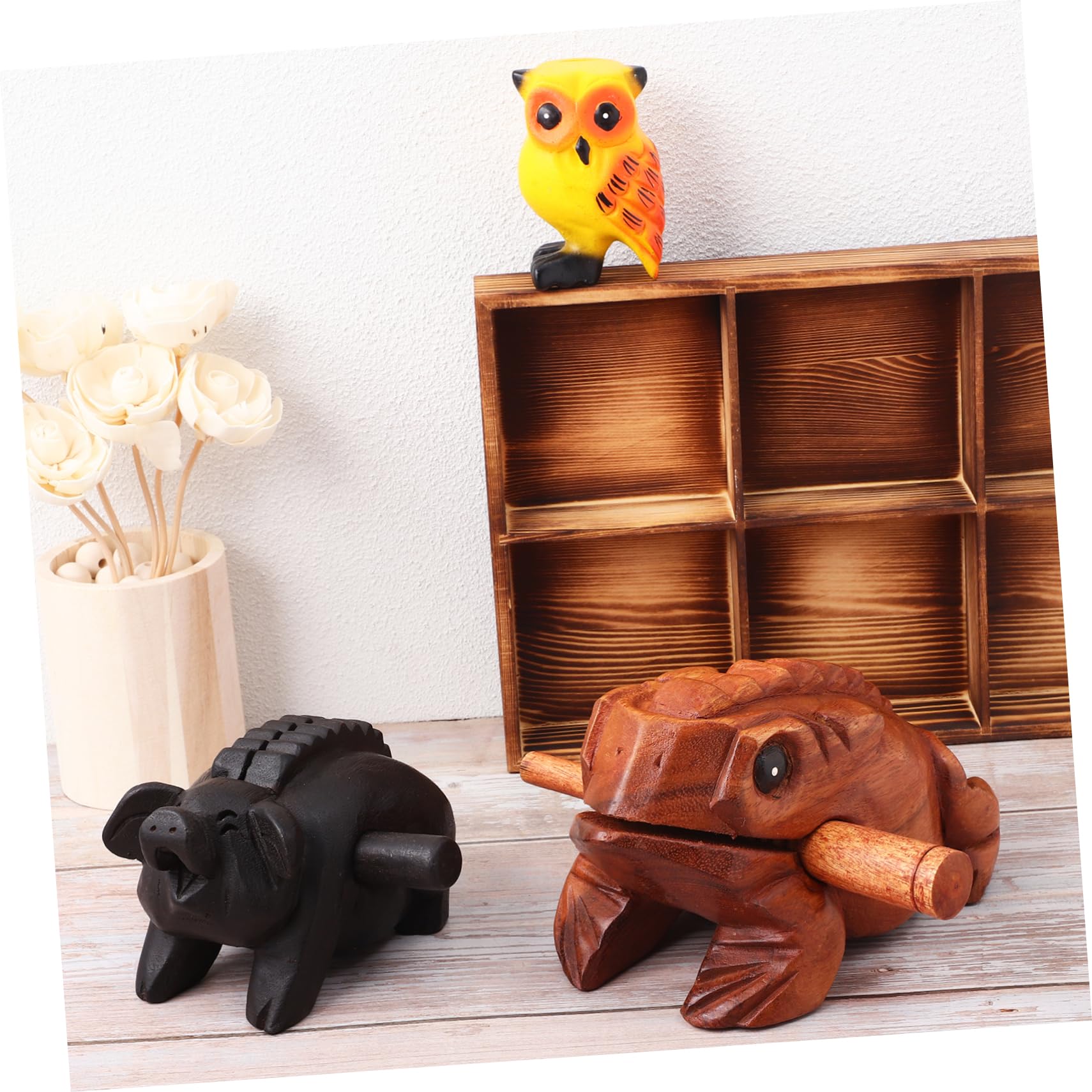 ifundom 3piezas Artesanías Que Producen Sonidos de Madera Instrumento Musical de Madera Bloque de Sonido Animal Sapo Cerdo Búho para Decoración Infantil
