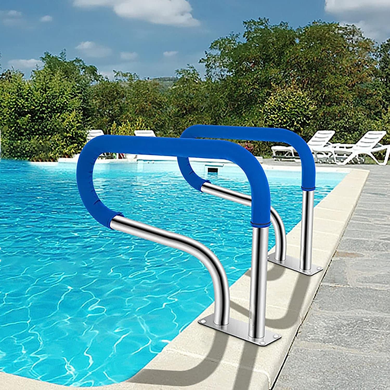 Rambarde de piscine en acier inoxydable 304 avec son revêtement bleu antidérapant