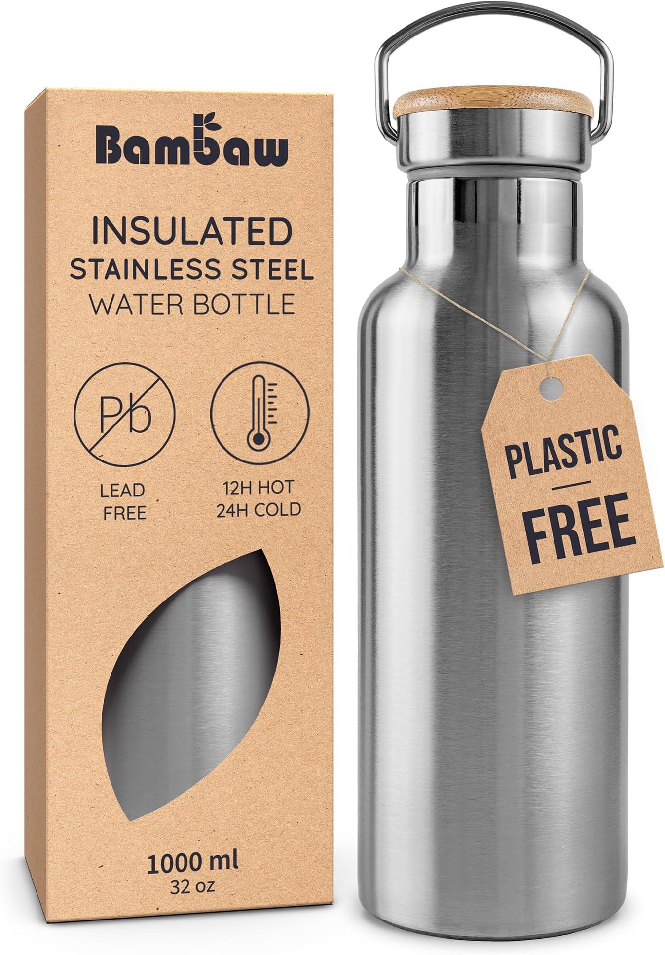 Bambaw Insulated Stainless Steel Water Bottle 1l for Hot & Cold Drinks, 1ltr Insulated Water Bottle Metal, Wide Mouth Fits Tea Infuser, Lightweight & Easy to Carry for School or Gym (Natural Steel)