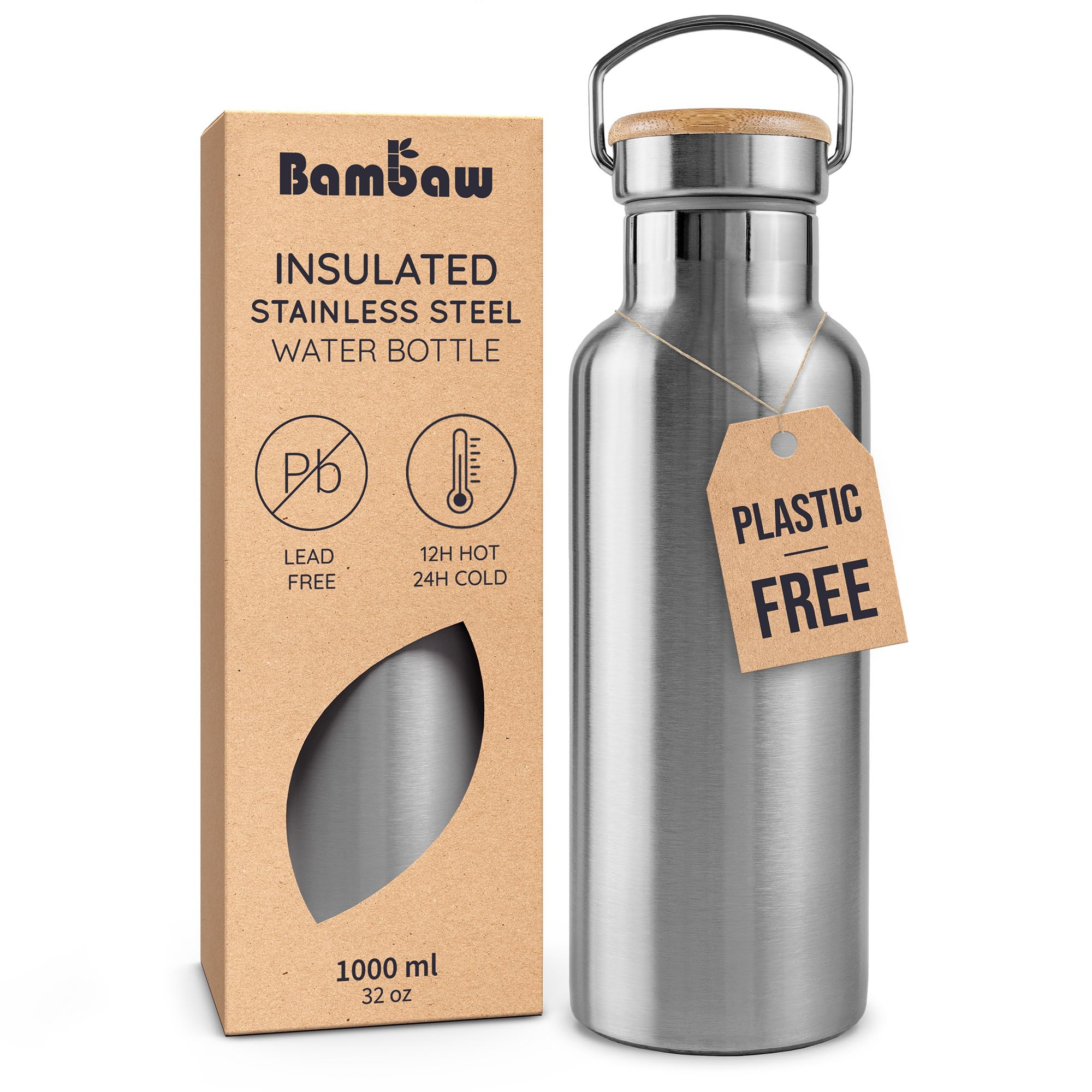 Stainless Steel Insulated Water Bottle 32 oz, Stainless Steel Water Bottles 32 oz with Handle & Wide Mouth, Rust-Resistant Metal, Durable & Great for Travel (Natural Steel)