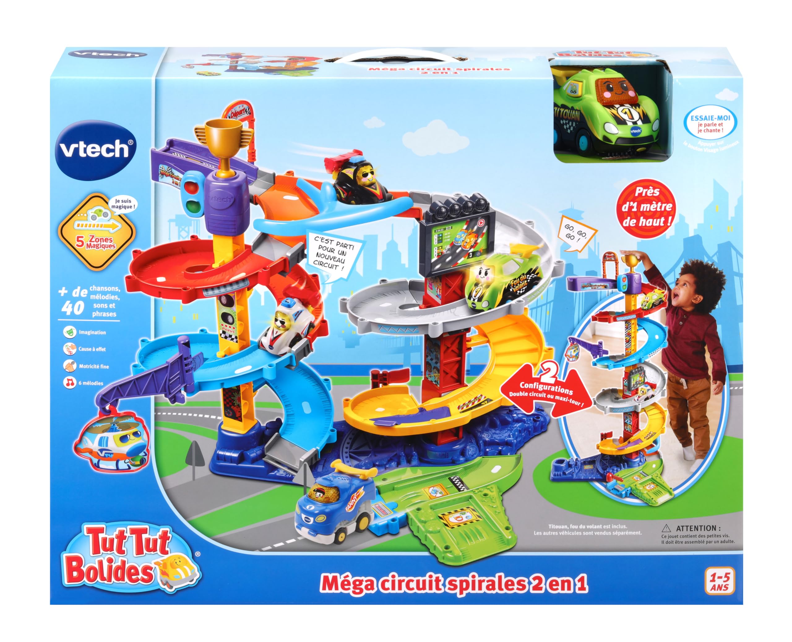 VTech Tut Tut Bolides, Mega Circuito Espirales 2 en 1 con Coche Titouan Loco del Volante, Circuito de Coches Infantiles, 5 Zonas Mágicas, Regalo para Niños y Niñas de 1 año a 5 años - Contenido en