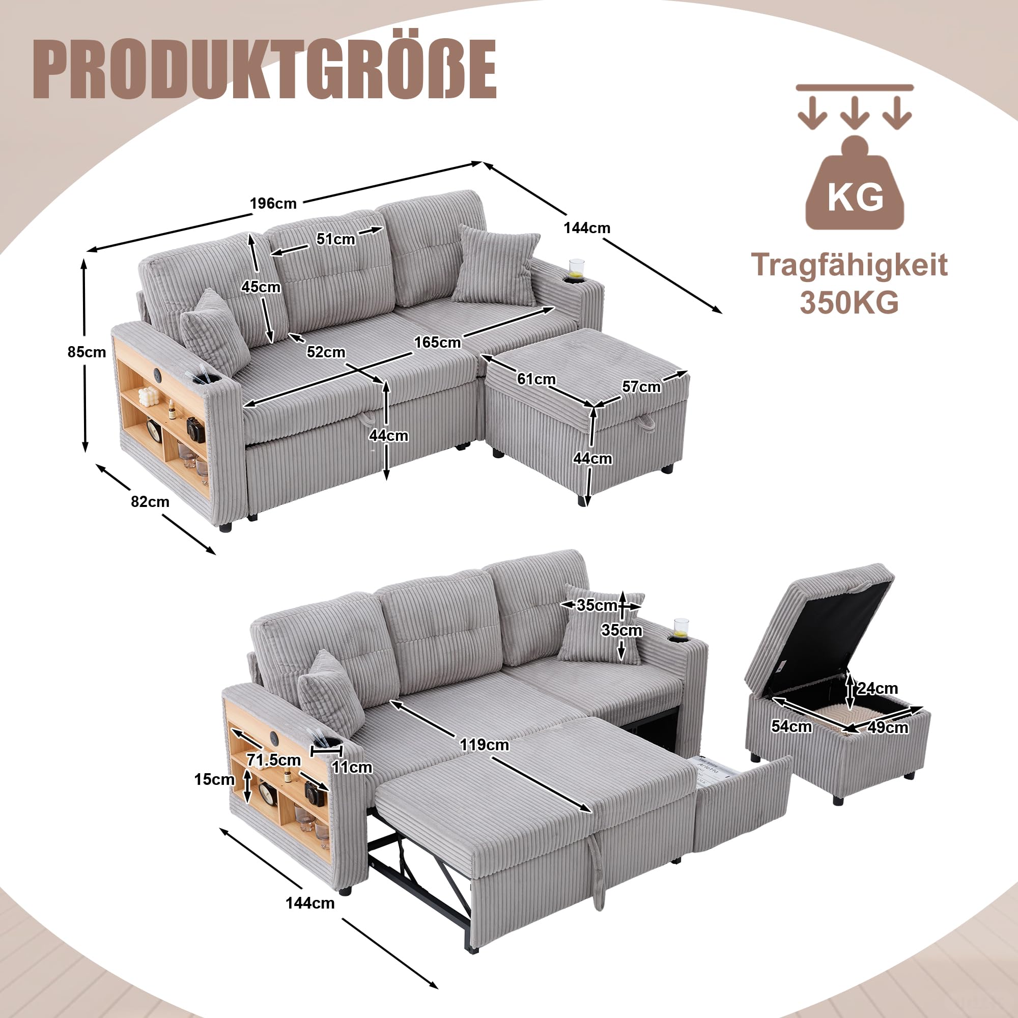 Divano in Velluto a Coste con Contenitore e Letto estraibile, Divano Letto con Porta USB-C e LED, Portabicchieri e Ampi braccioli, Sofa Soggiorni, Divano a 3 Posti, letto Matrimoniale,Grigio chiaro