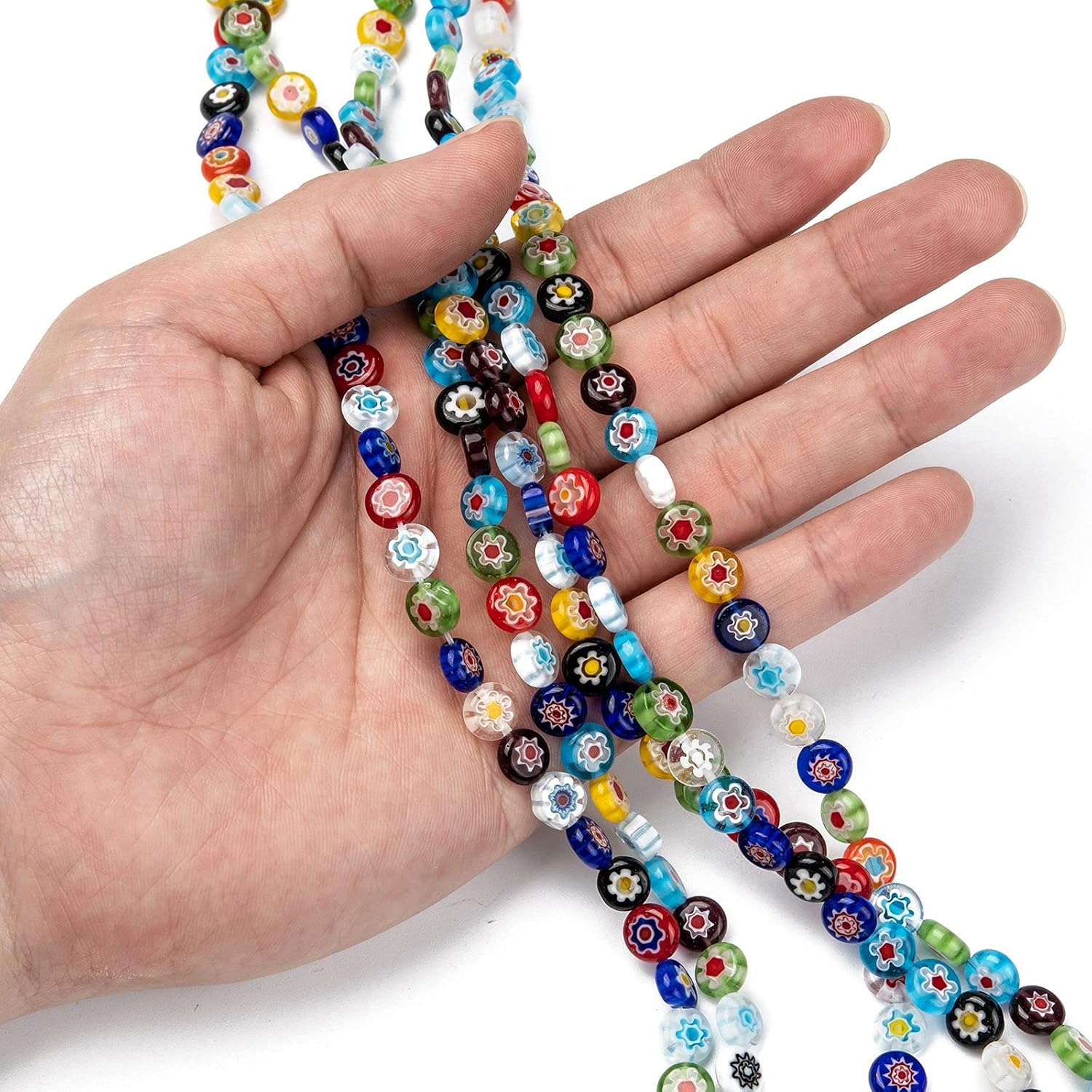 Fashewelry 450pcs Flat Round Millefiori Glass Beads 8mm Colorful Coin Disc Handmade Flower Pattern Lampwork Spacer Beads Mixed Colors Mosaic Glass Loose Beads for Jewelry Making DIY Crafts