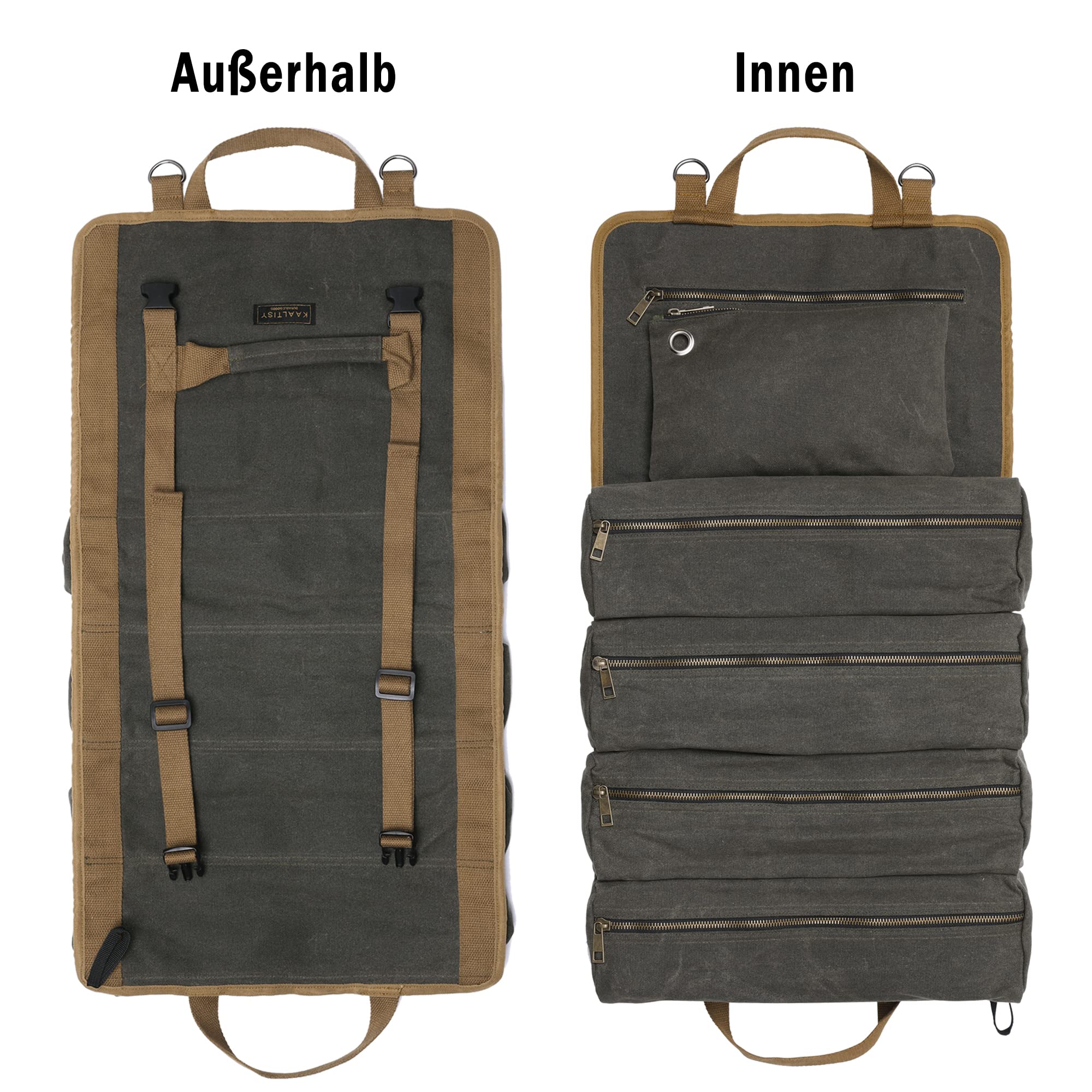 Portautensili | Robusto rotolo di attrezzi in tela cerata 16oz, 5 distribuiti e 1 tasca con cerniera rimovibile, versatile strumento borsa per elettricisti meccanici | verde esercito