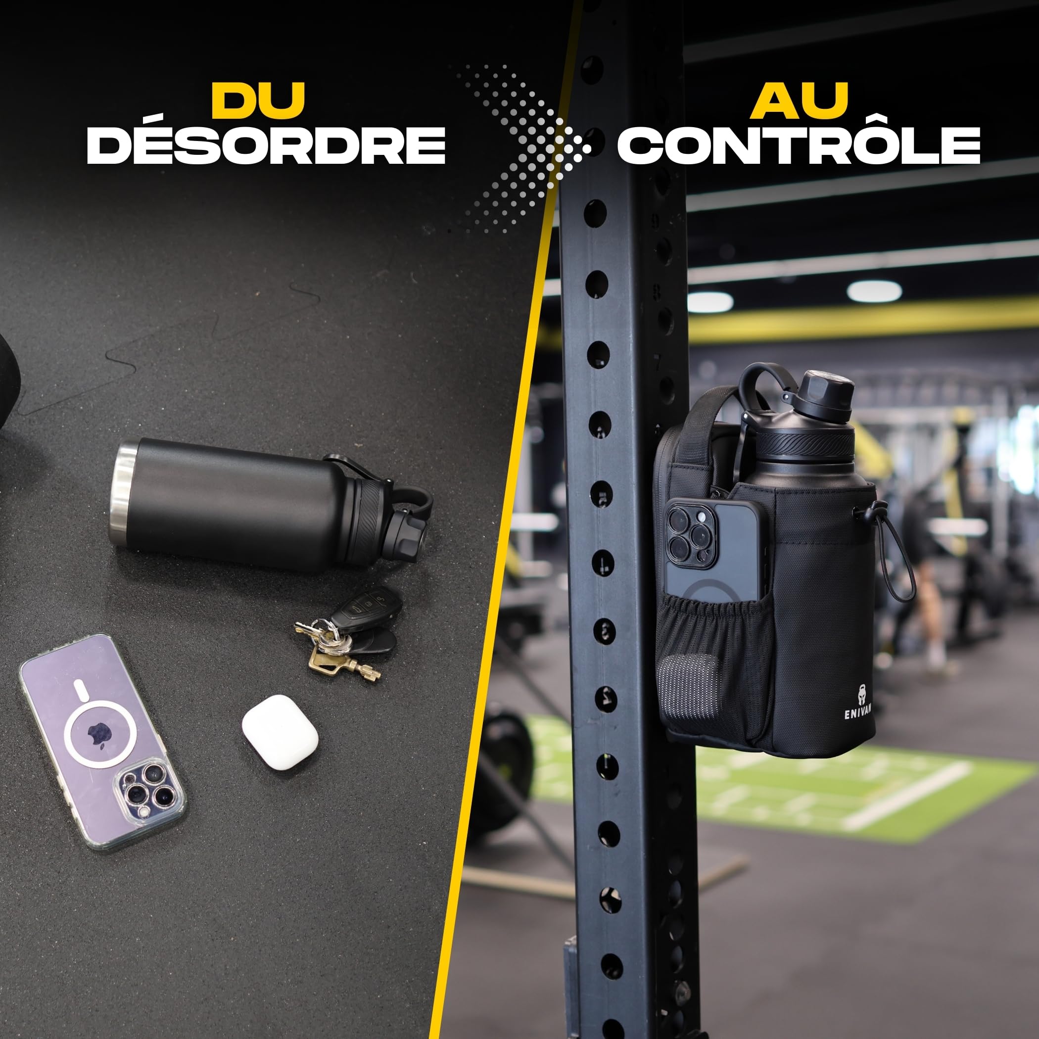 Sac Magnétique Sport avec Fixation Aimantée, Porte Bouteille et Gourde 1,5L, Porte Téléphone, Bandoulière Homme Femme, Mousqueton Clés, Sac Banane Gym, Musculation, Noir