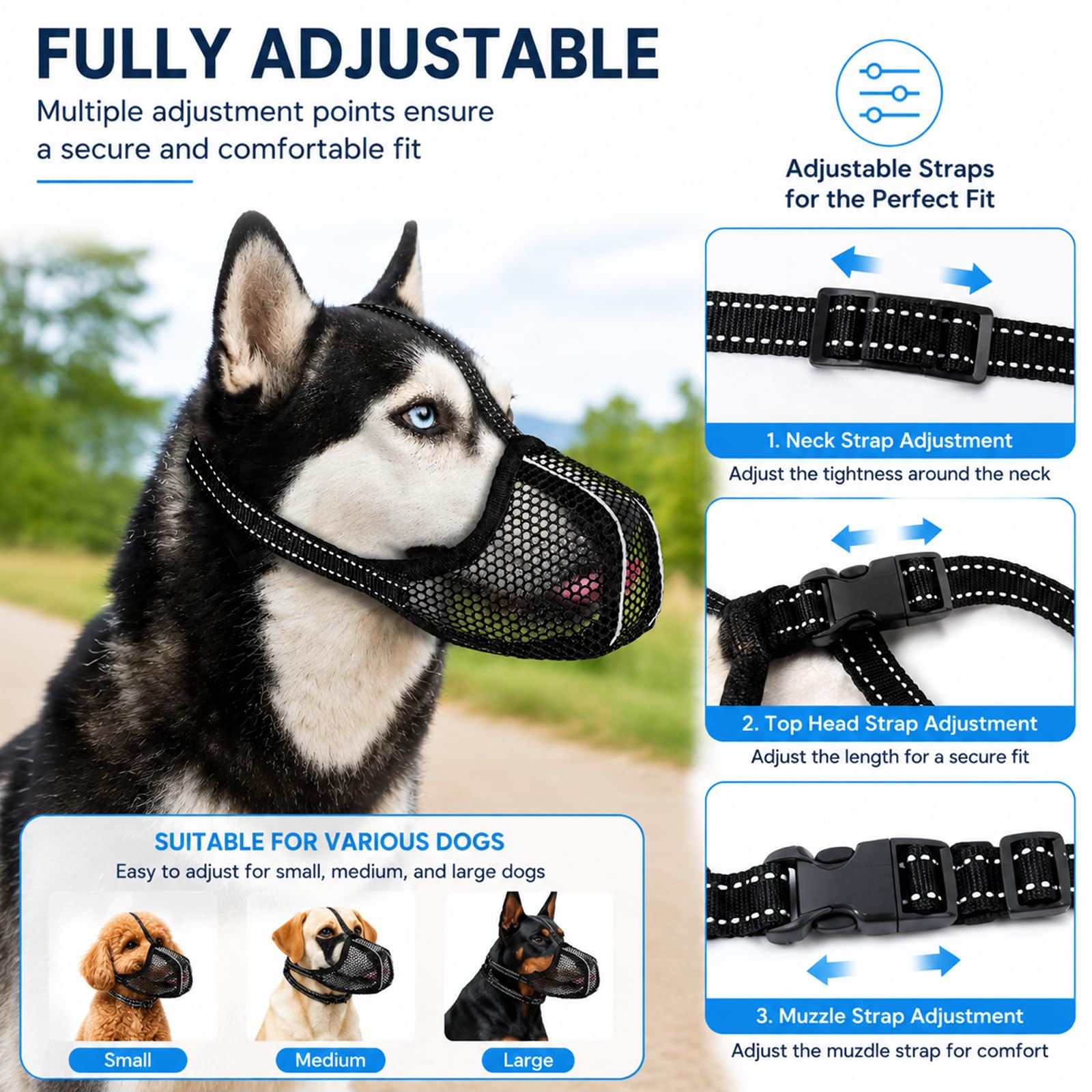 Muselière pour Chien, Respirante, réglable, Anti-Fress, réfléchissante, Protection légère, pour Chiens de Petite, Moyenne et Grande Taille, Panier de Dentition, en Maille, Noire, Taille (S)