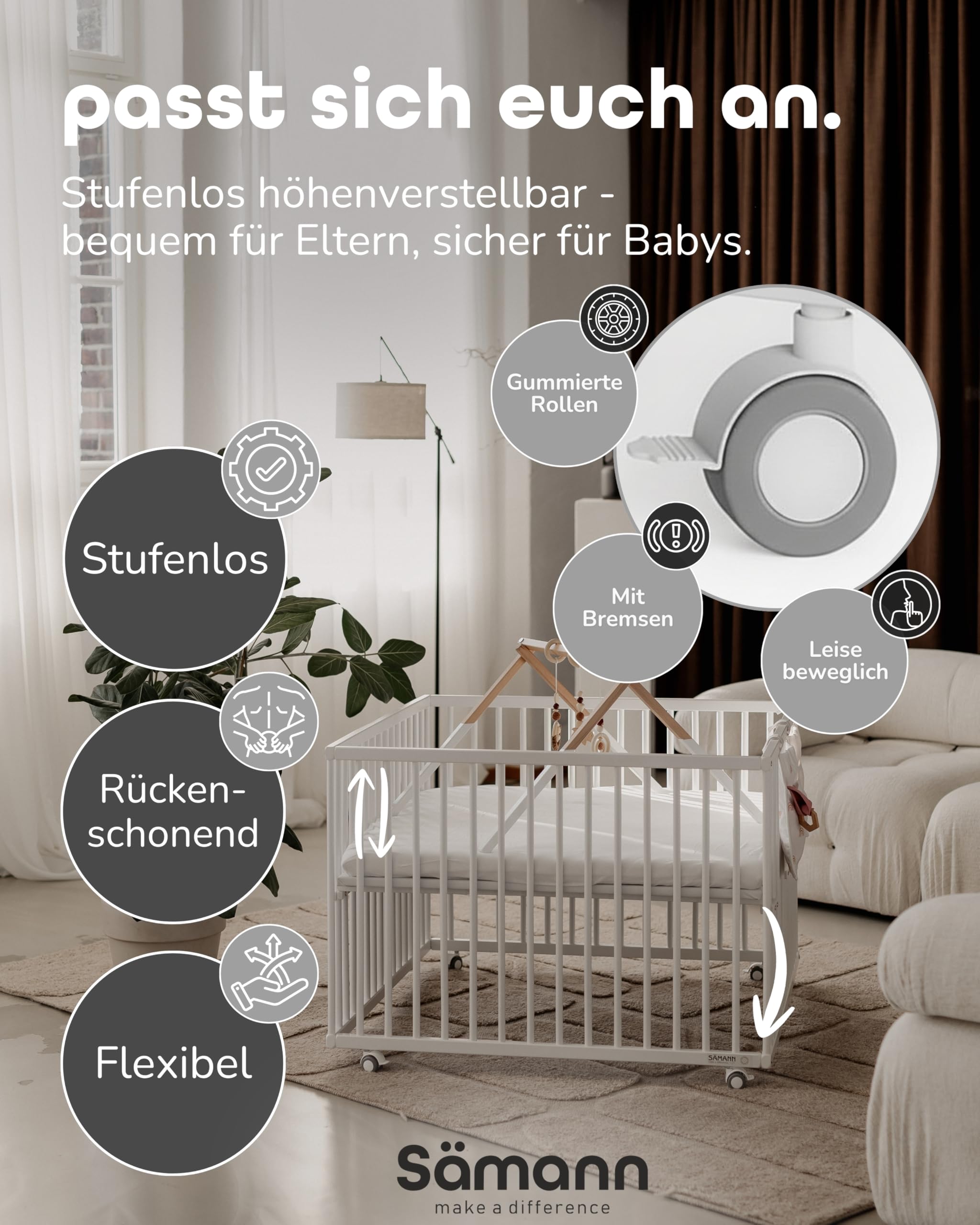 Sämann Laufstall faltbar Baby 100x100 cm mit Cloud Air Matratze | stufenlos höhenverstellbar | Laufgitter Premium | Babybett aus Holz | Krabbelgitter natur