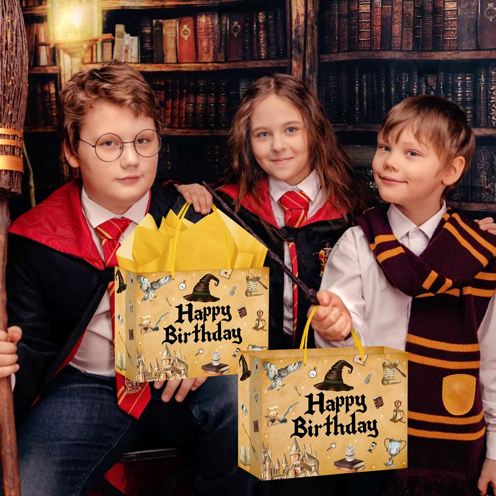 Hooqict Magical Wizard Gift Bag Happy Birthday Gift Wrapping Bag with Handles, Tissue Paper and Greeting Cards for Kids Girls Boys Wizard Birthday Party Supplies Halloween Party Favors