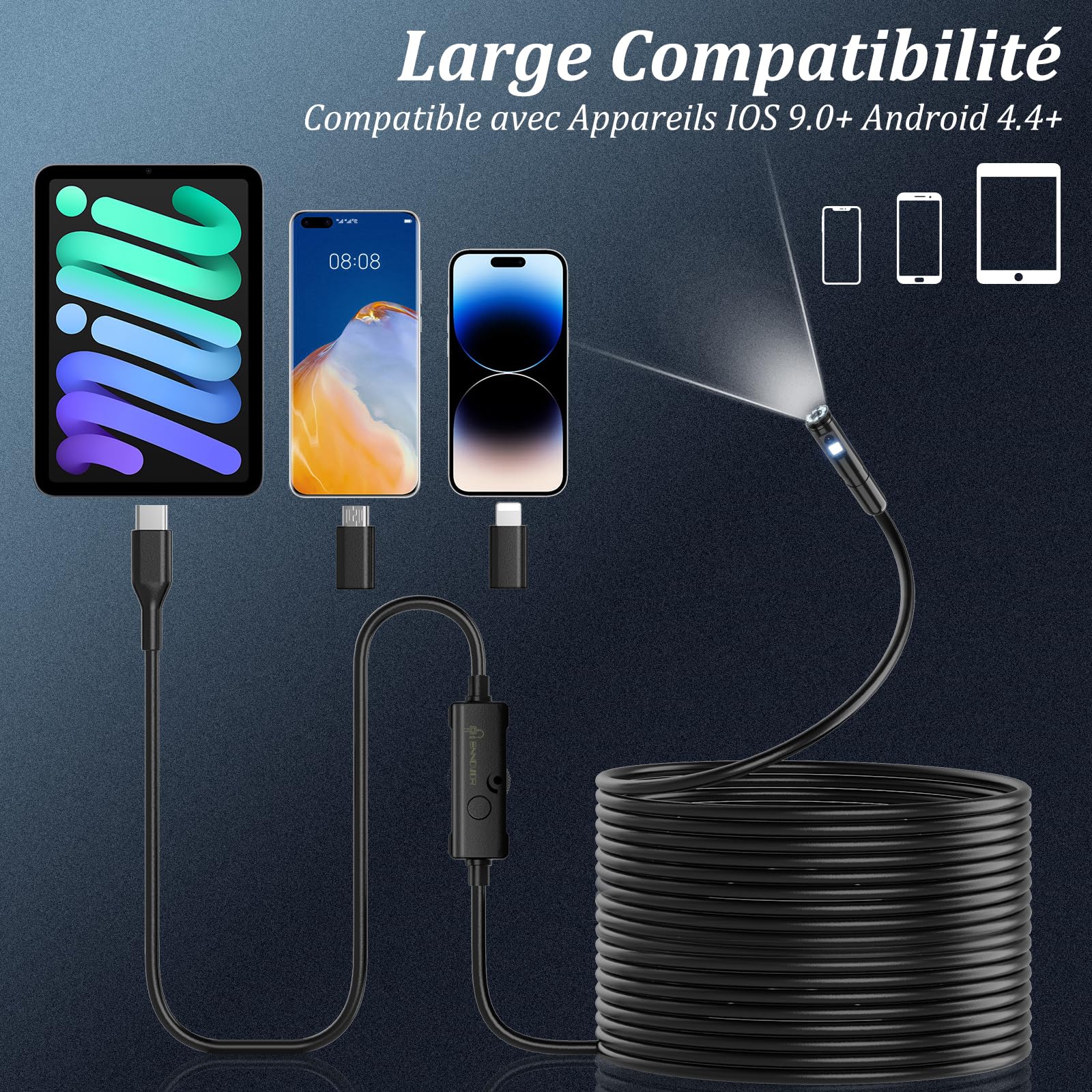 Camera Endoscopique Double Objectif 1920P HD, Camera Inspection Canalisation Étanche IP67 avec 8+1 LED, 10M Câble Semi-Rigide, Compatible Android/iOS, pour Égouts et Tuyaux