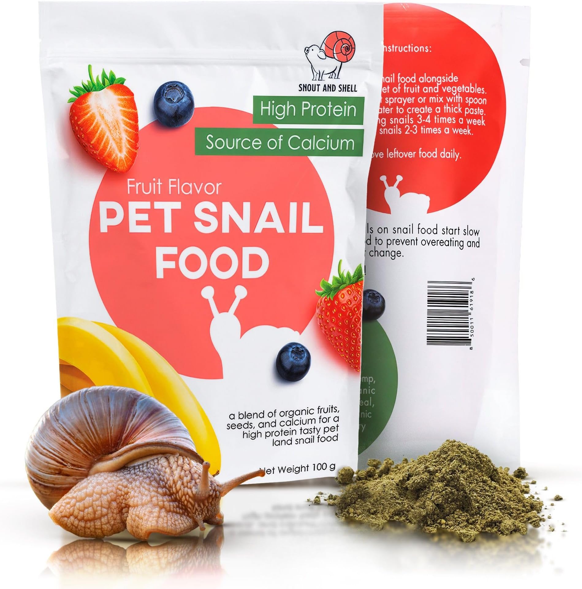 3.5 oz Powdered Snail Food – Pet & Garden Snail Food with Banana, Strawberry & Blueberry – Calcium & Protein for Giant African Land Snails – Non-GMO, Copper Sulfate Free – Baby Snail Safe