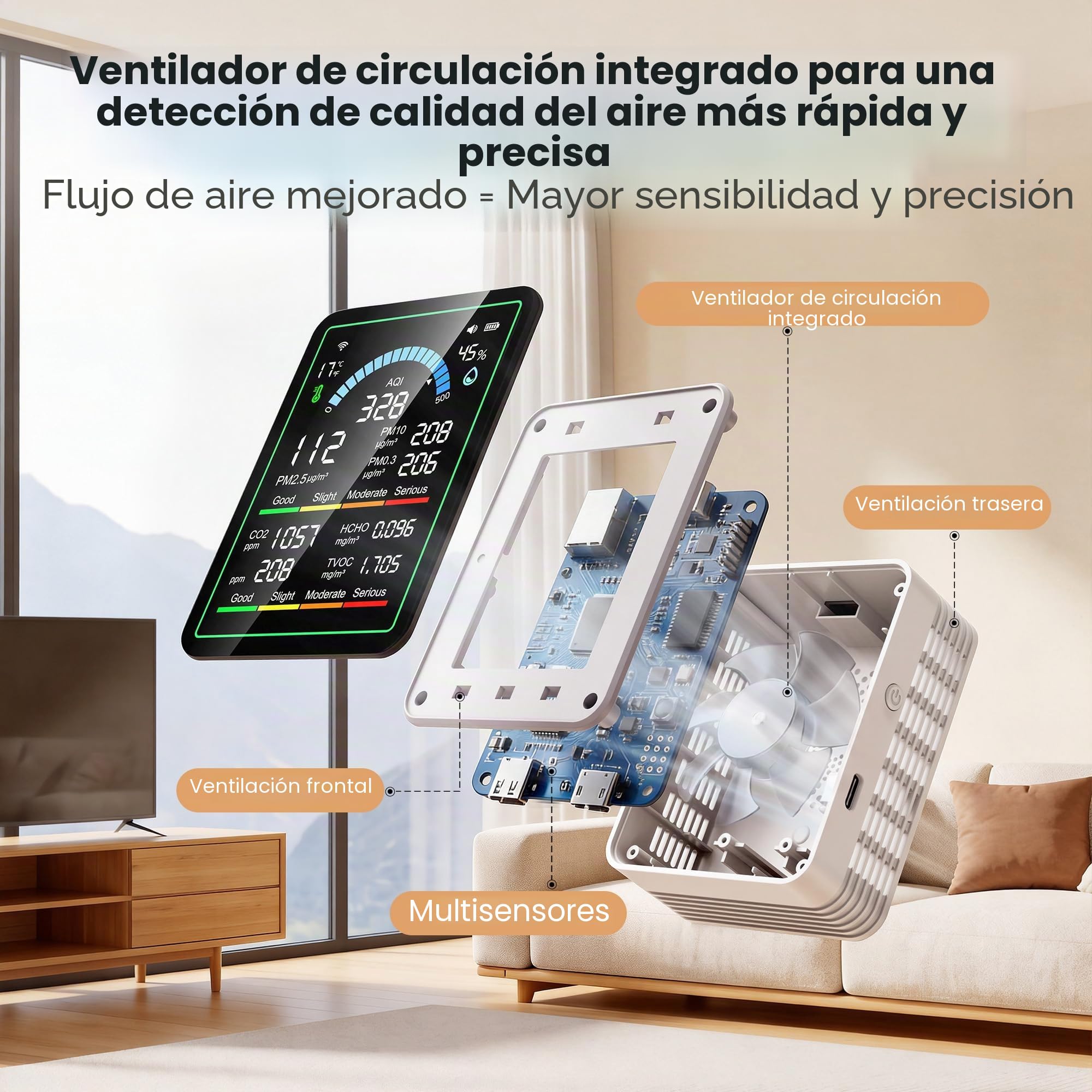 Monitor de Calidad del Aire Interior, 10 EN 1 probador Inteligente portátil detección CO2 | COVT | formaldehído | Temperatura | ICA | PM0,3-1 | Humedad, Ideal para el hogar, Coche, Animales Hotel