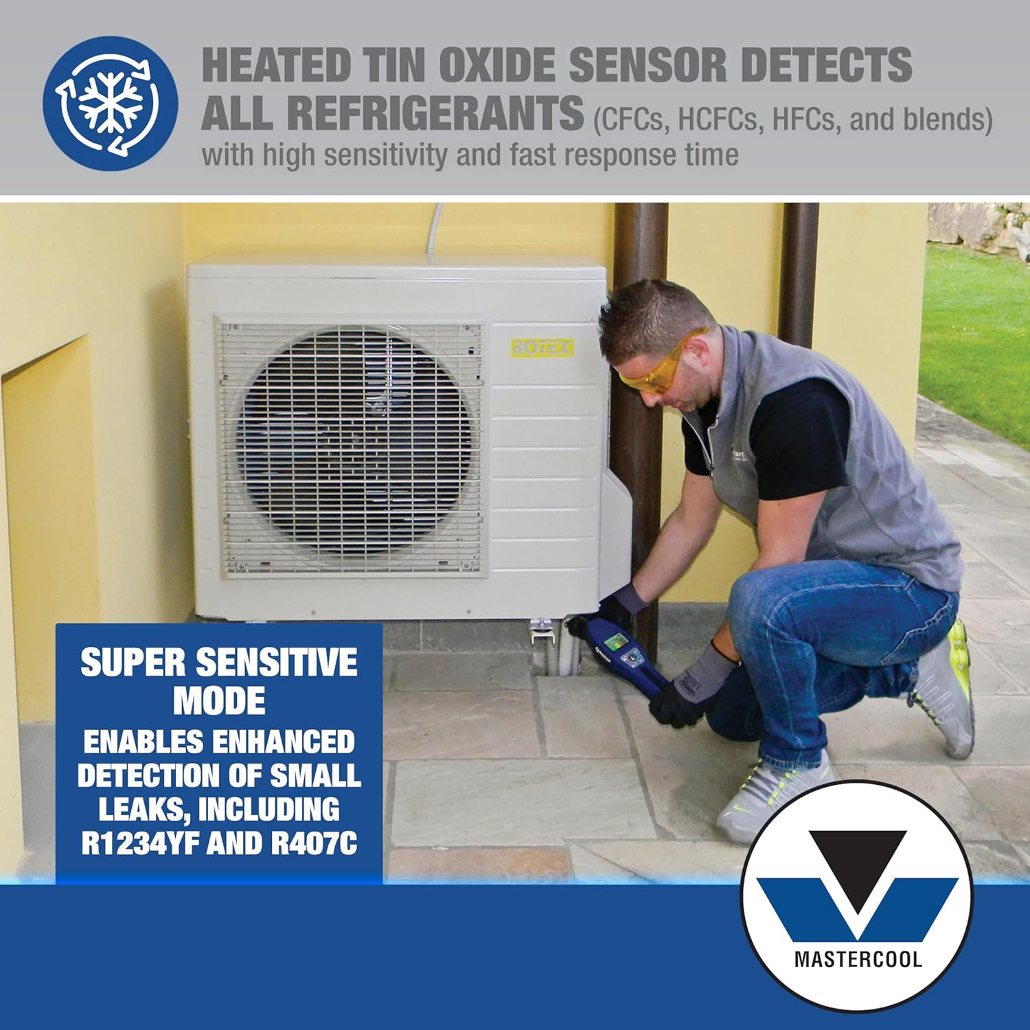Mastercool 55800 Leak Detector in use, showing heated tin oxide sensor and Super Sensitive Mode