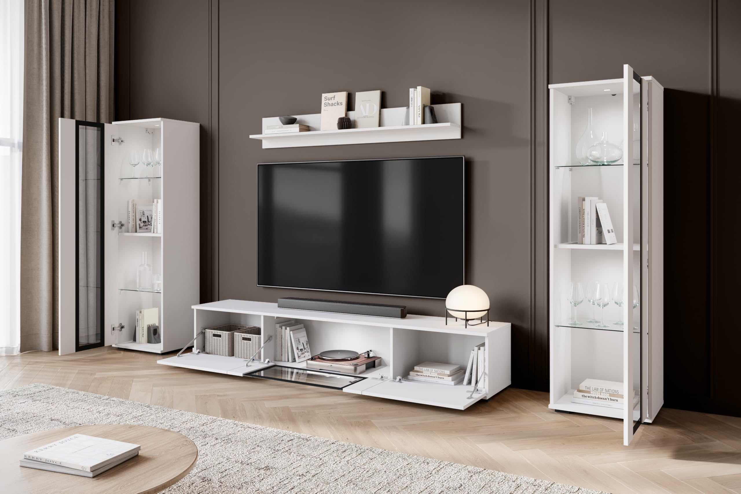 MINIO go for it - Ensemble de Meubles de Salon FARO 4 pièces avec LED | Armoire haute, vitrine, meuble bas avec porte en verre, étagère murale, panneau stratifié, blanc mat / blanc brillant