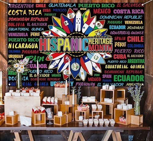 Miniatura 4 de Sunwer Decoración del Mes Nacional de la Herencia Hispana, telón de fondo para cabina de fotos Latino 21 Países Banderas Español Girasol Escuela