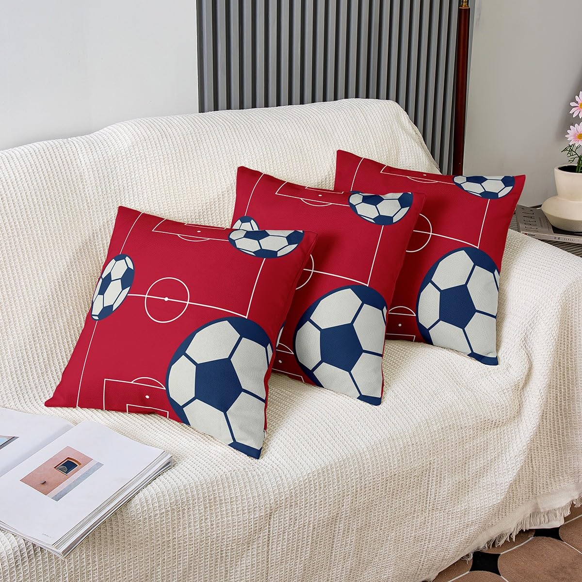 Football Throw Pillow Covers Set of 2 Football Court Decor Pillowcase for Sofa Couch Bed Chair Car Sports Theme Cushion Case Soccer Ball Patterne Red Outdoor Pillows Covers Room Decor 16x16 Inch - Image 4