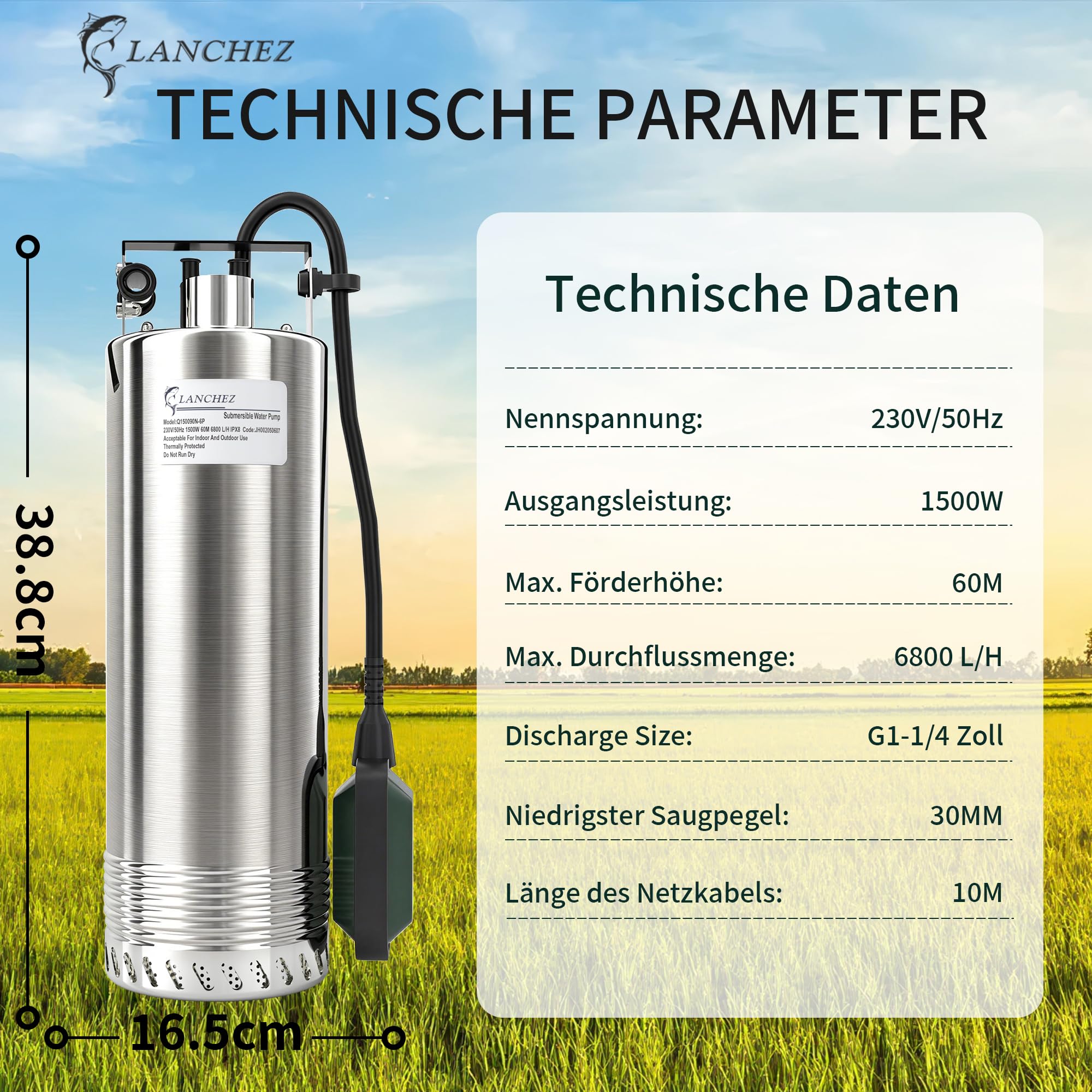 LANCHEZ 1500 W Tauchpumpe mit schwimmer, Tauchdruckpumpe mit 6800 l/h Fördermenge, Förderhöhe max. 60 m, Eintauchtiefe max. 16 m, Wasserpumpe für Keller, Landwirtschaft, Gartenbau