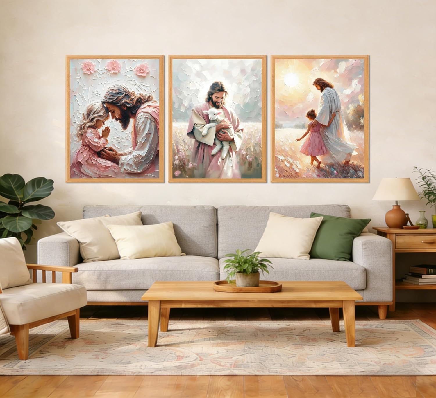 3Pcs Jesus little Girl Poster Wall Art Jesus Holding Lamb Painting Picture Wall Decor Christian Devout Prayer Canvas Print Artwork For Church Religious Children's room Home Decoration Unframed
