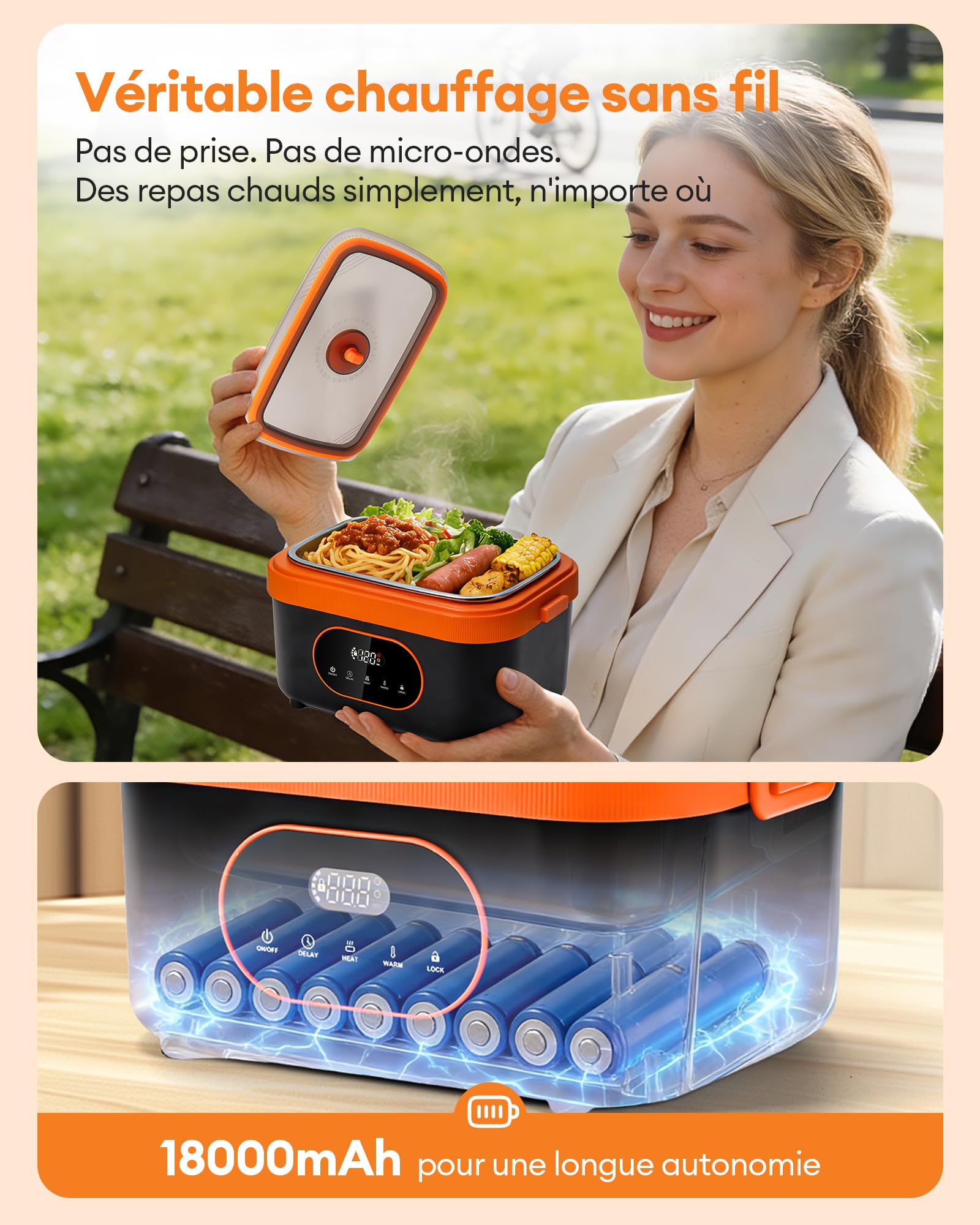 Boîte à lunch électrique sans fil gamelle chauffante 1,5L EU