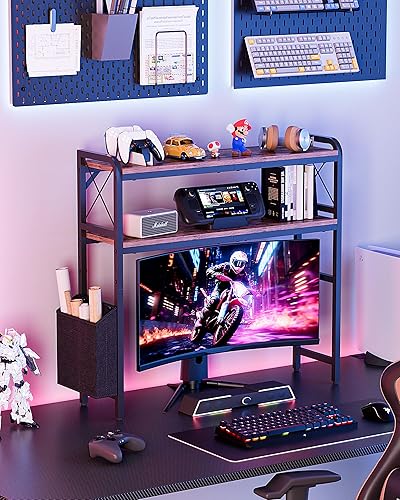 Miniatura 5 de Estantes de escritorio, soporte para monitor con estantes ajustables y bolsillos laterales, organizador de estantería de escritorio de 2 niveles,