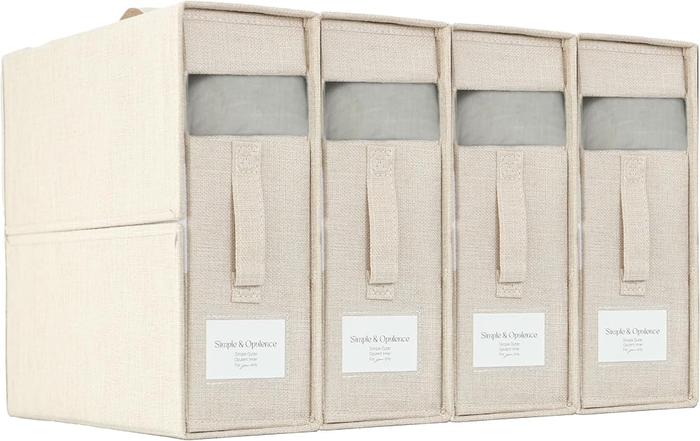 Simple&Opulence 4 Pack Bed Sheet Organizers and Storage, Linen Closet Organizers, Sheets Set Folder Storages with Window and Label (Queen/King Size) Organizing Bedding Container, Linen