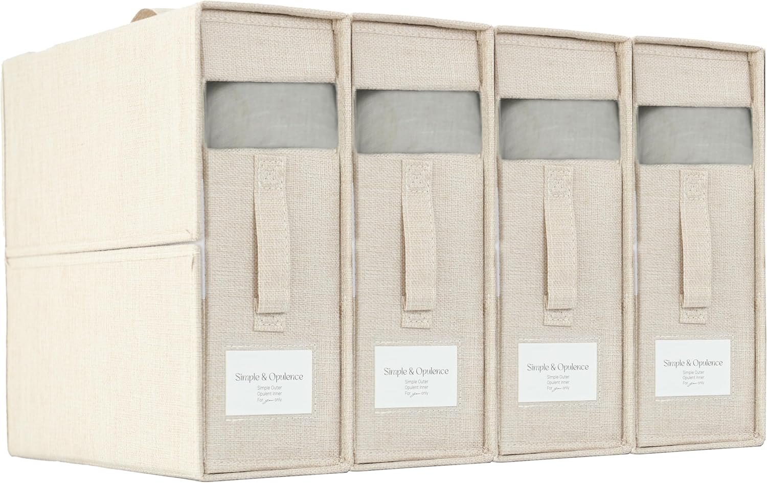 Simple&Opulence 4 Pack Bed Sheet Organizers and Storage, Linen Closet Organizers, Sheets Set Folder Storages with Window and Label (Queen/King Size) Organizing Bedding Container, Linen
