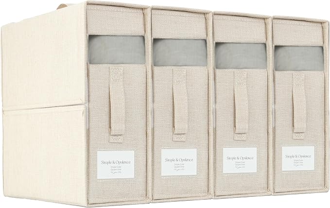 Simple&Opulence 4 Pack Bed Sheet Organizers and Storage, Linen Closet Organizers, Sheets Set Folder Storages with Window and Label (Queen/King Size) Organizing Bedding Container, Linen