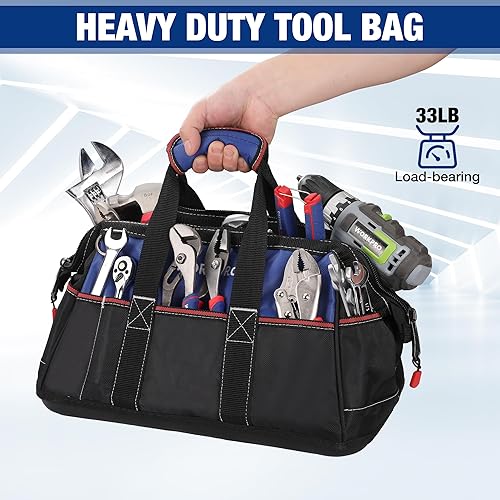 Miniatura 3 de WORKPRO Bolsa de herramientas de boca ancha de 16 pulgadas bolsa de almacenamiento de herramientas de tela resistente con base moldeada a prueba de