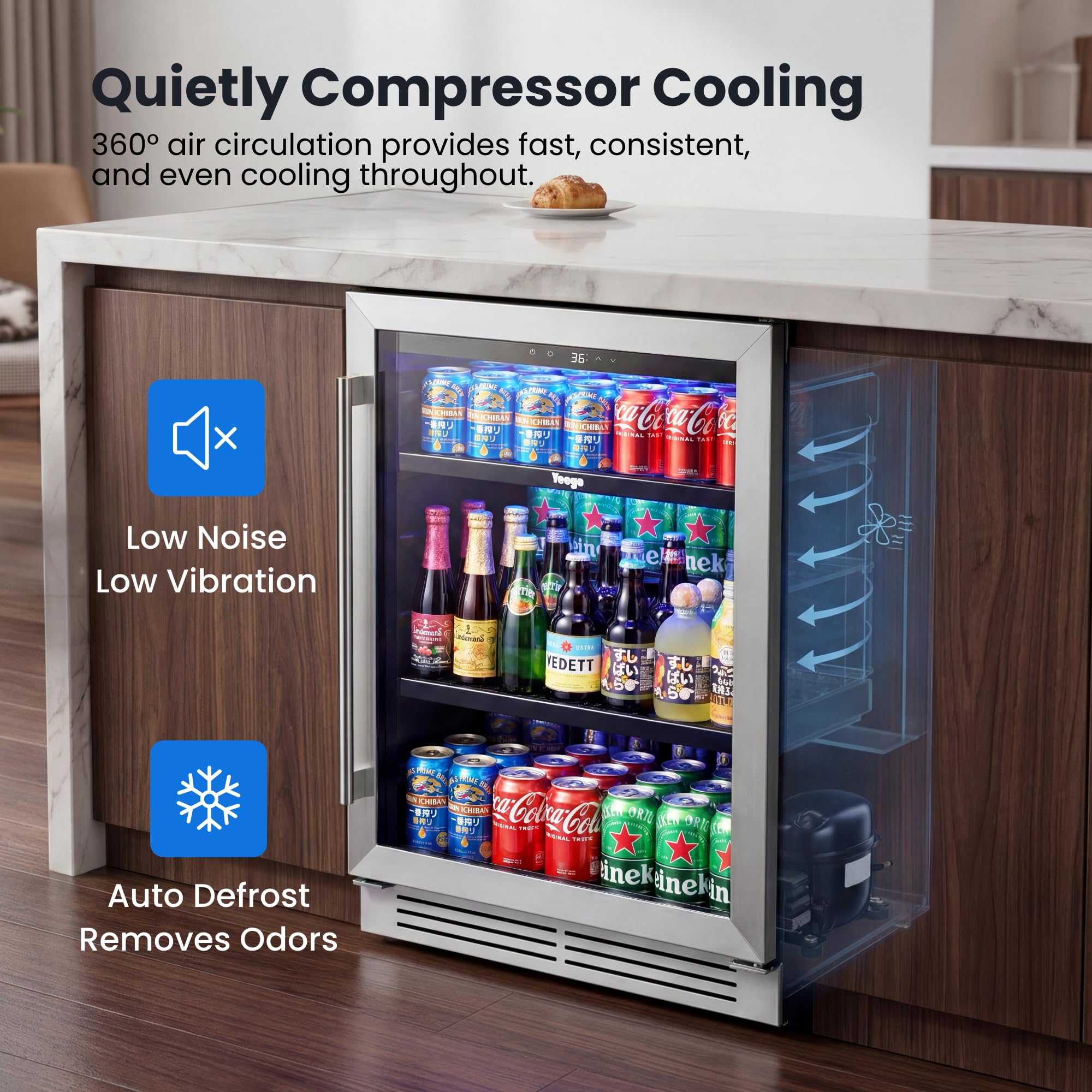 YEEGO Beverage Refrigerator & Drink Fridge - 24 Inch 180 Cans Beer Cooler Glass Door, 34-54℉ Under Counter Refrigerator Built-In For Drink Soda Wine For Bar Office Bedroom on Fridge.com - View 4